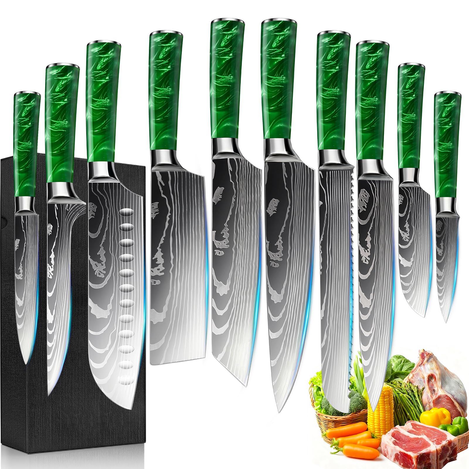 Set Coltelli da Cucina, 10pz, con Coltelli da disosso, Coltelli per frutta e Coltelli da Chef, Manico in resina, Acciaio Inossidabile, Damasco, set coltelli da cucina professionali(Verde)