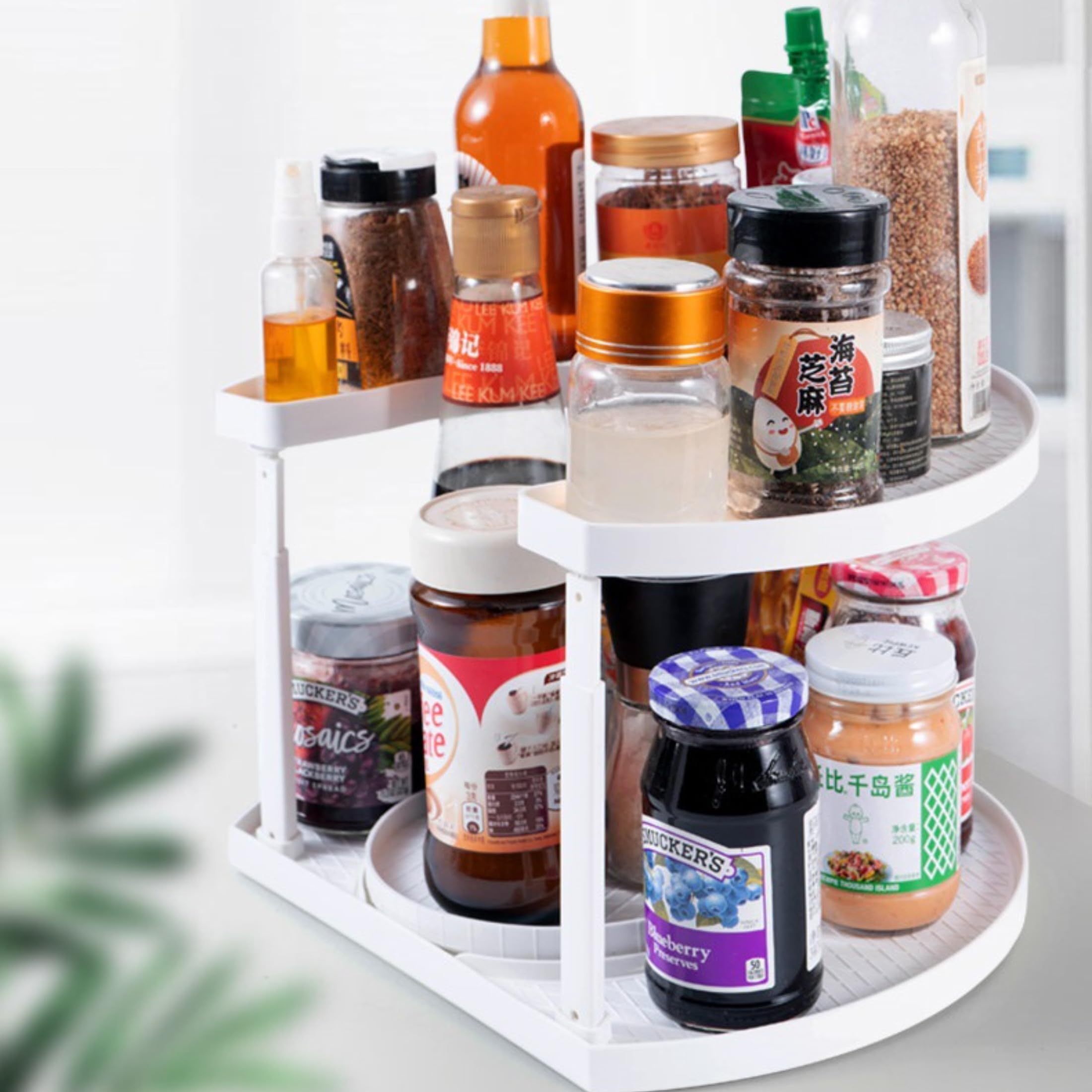 Drehbarer Organizer 2 Etagen 360° Küchengewürzen Küchenregal Arbeitsplatte Eckregal Küche Gewürzregal Stehend Ohne Bohren Lazy Susan Bohren für Gewürzgläser, Kosmetik, Reinigungsmittel Weiß(R04)