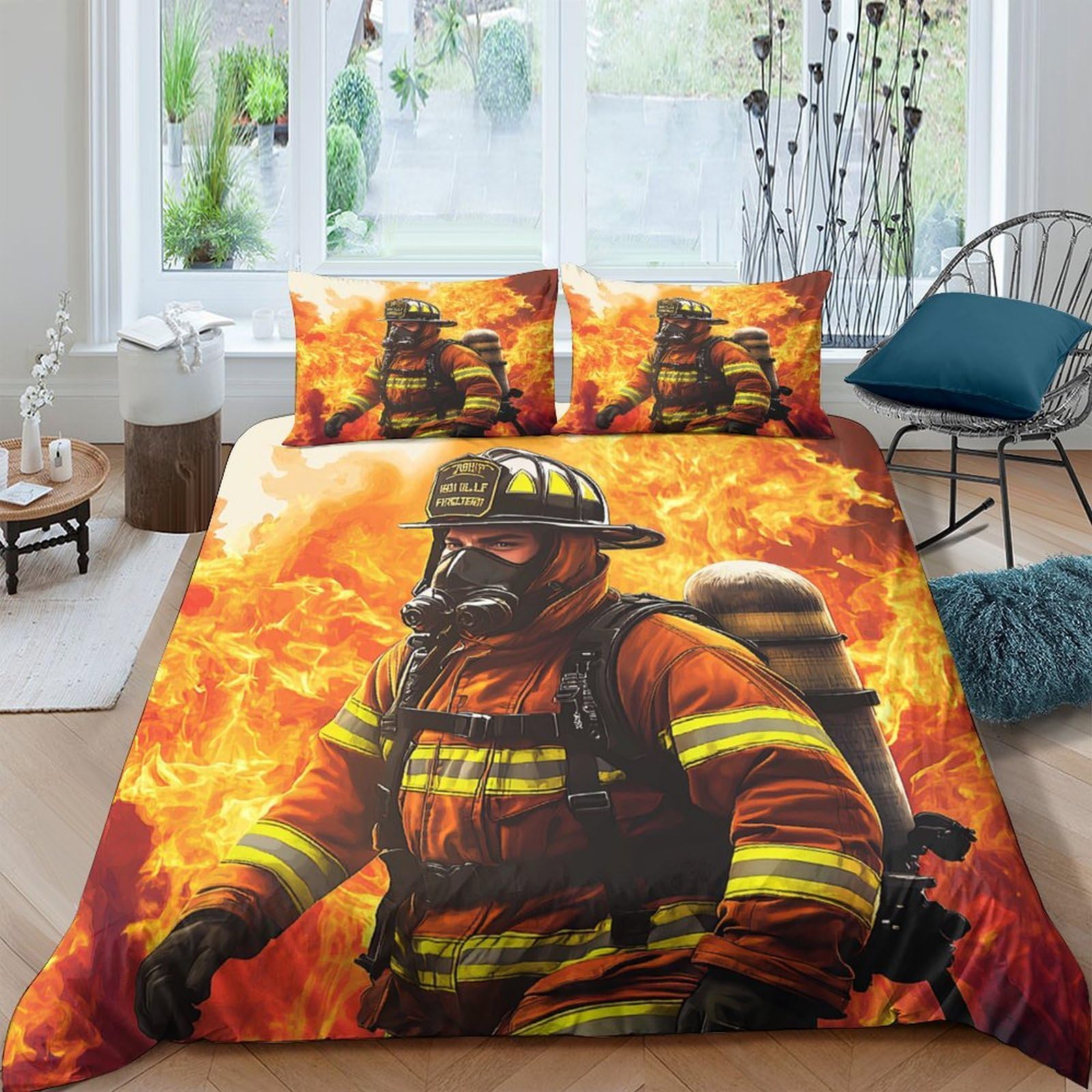 Ctjqhvkz Style-10 3D Printed Firefighter Flames Fitted Sheet Microfiber Non-Slip Bed Cover For Bedroom Guest Room Decor Easy Care Single（135X200cm）