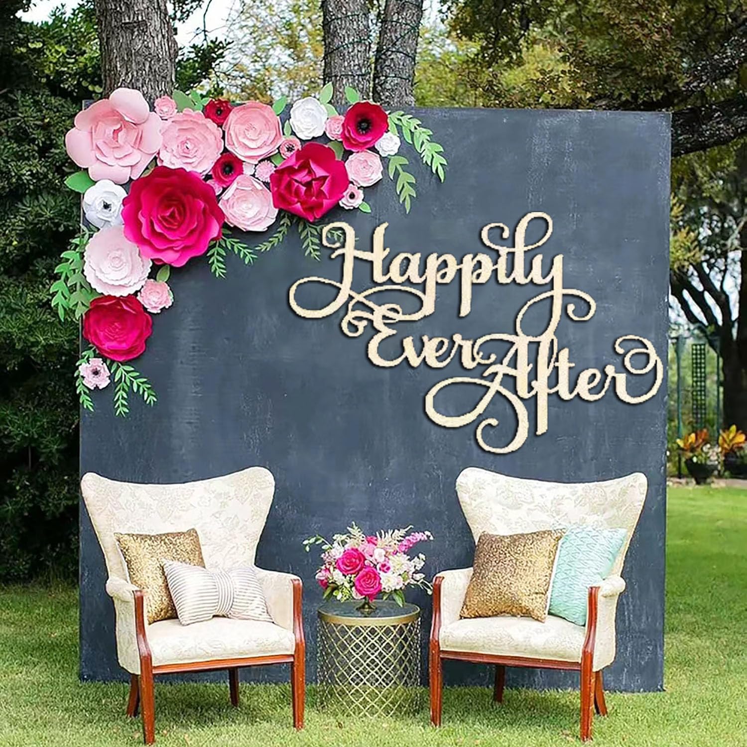 Drewniany znak "Happily Ever After" na tło, znak ścienny ślubny, dekoracje na wieczór panieński przyjęcie zaręczynowe dekoracja tło fotograficzne
