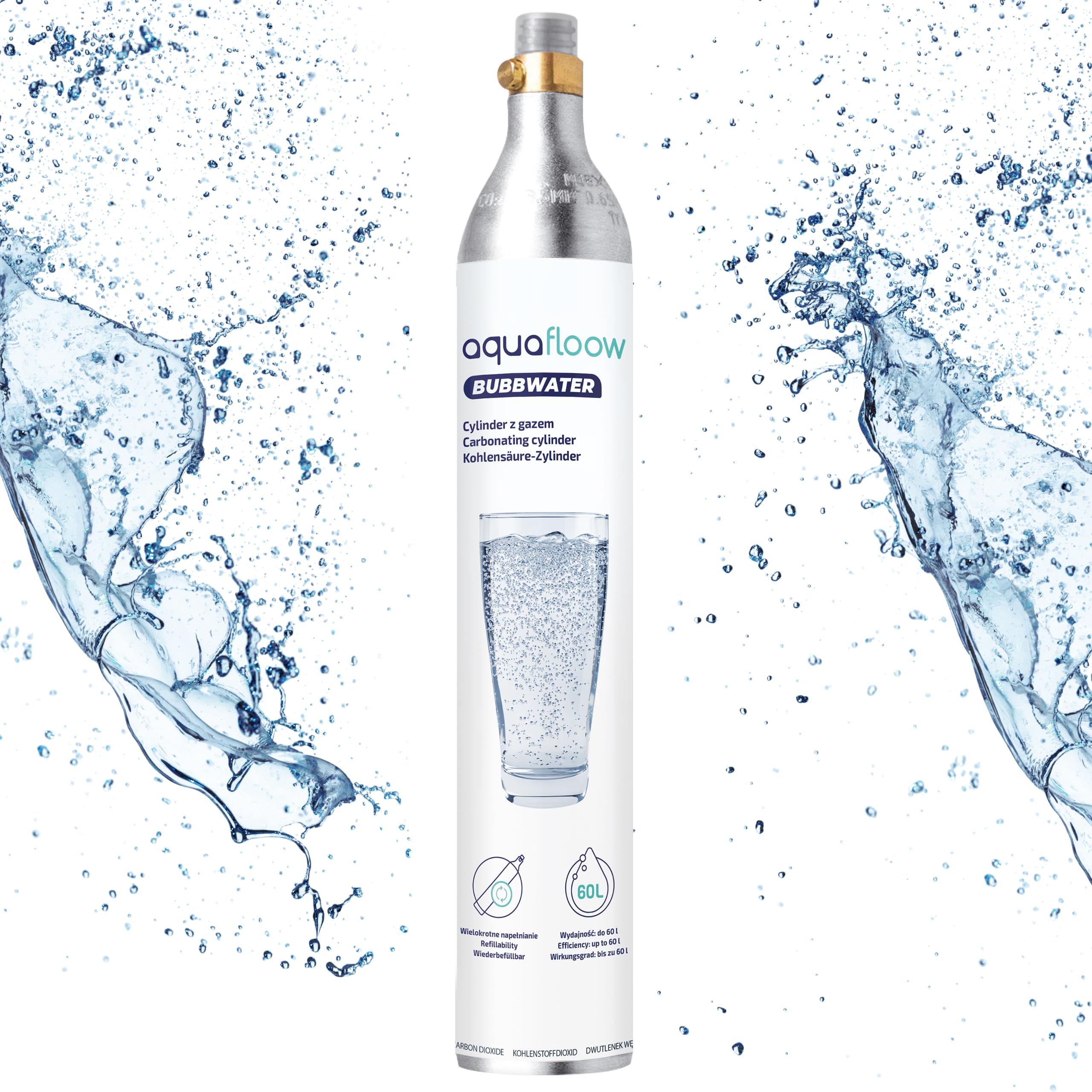 AquaFloow Cylindre CO₂ pour Machine à eau Pétillante Premium 600 ml, Cartouche pour Eau Gazeuse, Cylindre jusqu’à 60 L, Remplacement compatible avec SodaStream, Aarke- lot de 3