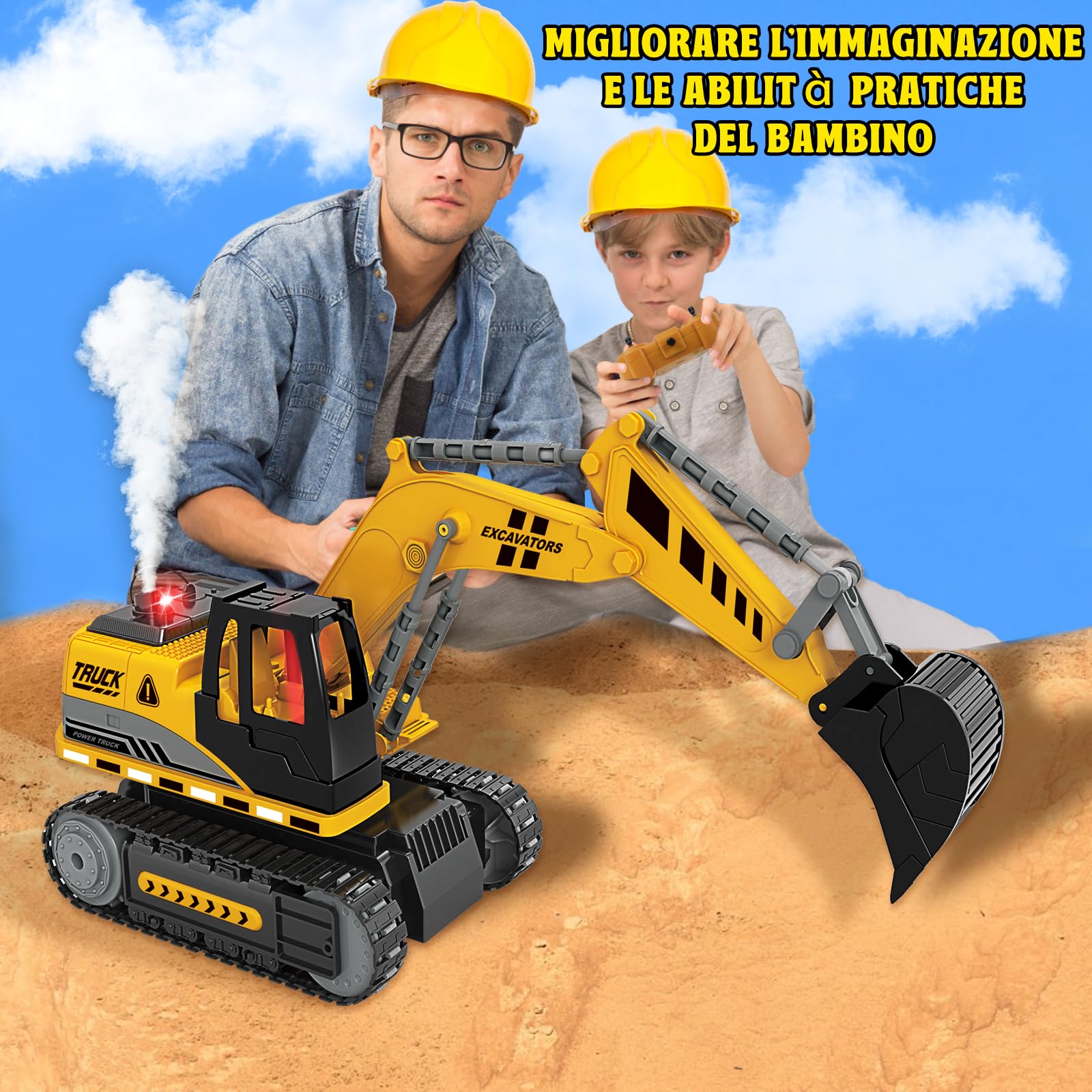 FORMIZON Escavatore Radiocomandato per Bambini, 12 Canale Escavatore Giocattolo con Nebulizzazione, 1:12 Camion da Costruzione Telecomandati con Luci e Suoni, Regalo per Bambini 6+ Anni