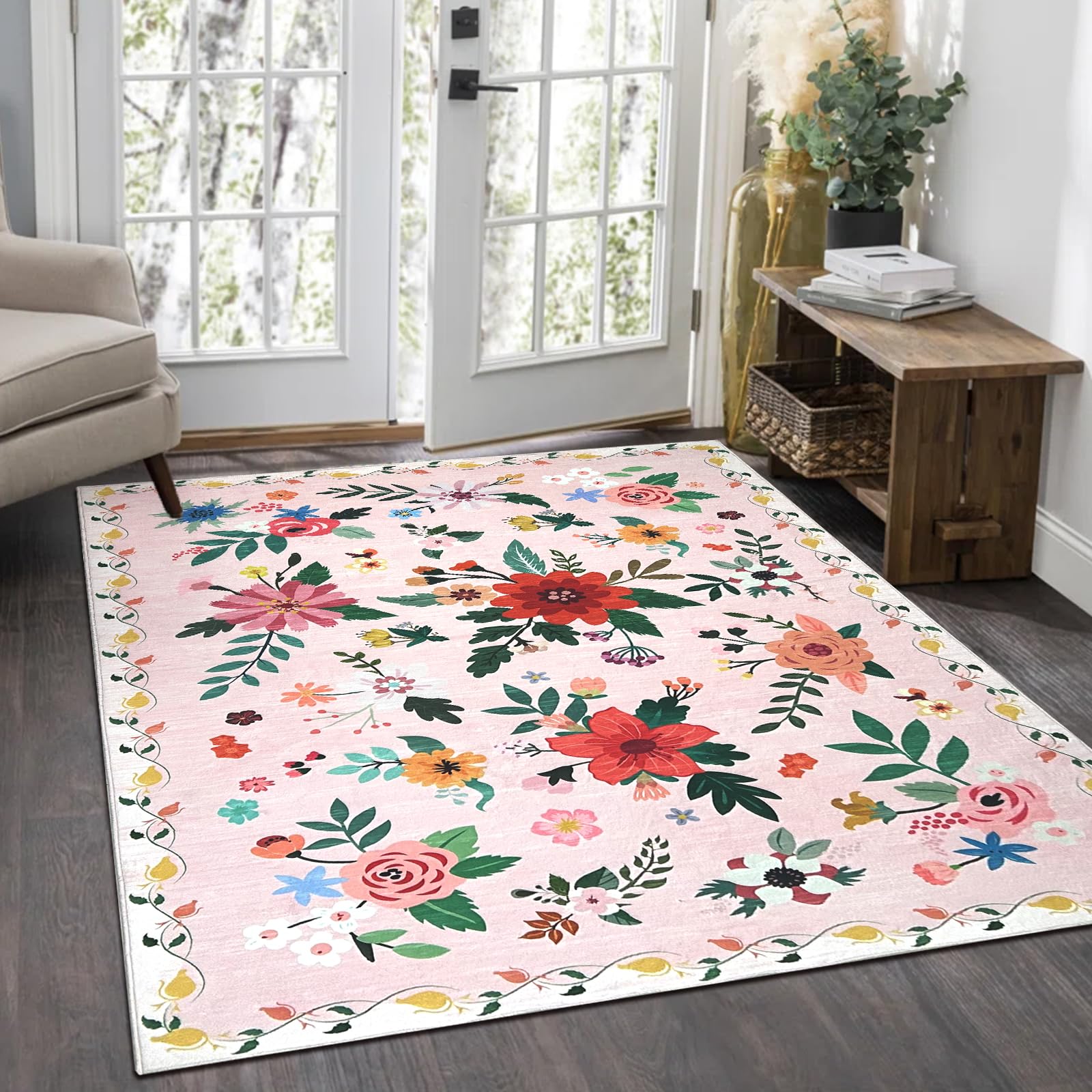 USTIDE 4x6ft Floral Pink Rug Non-Slip Washable Faux Wool Carpet for Girls Bedroom Nursery, Playroom Soft Kids Room Rug