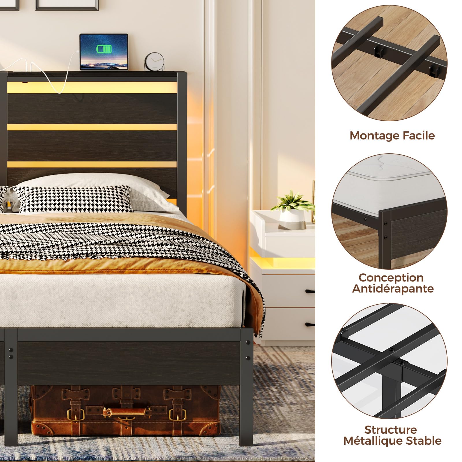 Rolanstar Lit 140x200 avec Sommier Métal, Cadre de Lit 2 Personnes avec Éclairage LED d’Ambiance, Ports USB & Type-C, Tête de Lit avec Rangement, Noir