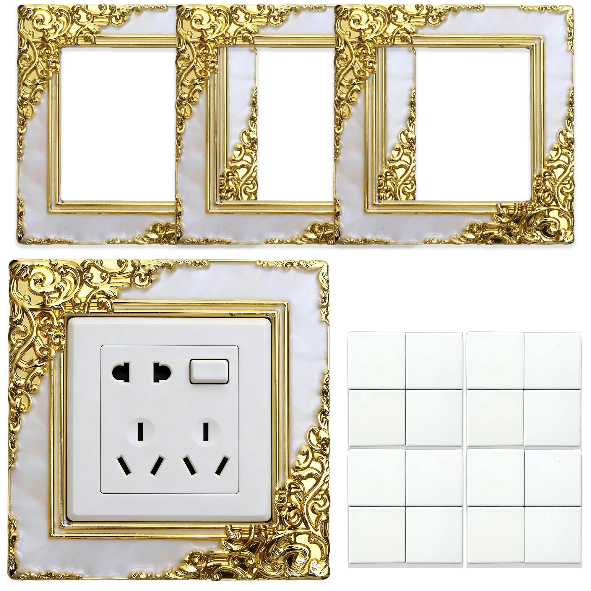 Light Switch Surround,Decorative Light Switch Cover,White Gold Switch Frame DWUENT Elegant Floral Decor for Wall Switch Plates,Self Adhesive,Easy Peel and Stick Installation,4 Pack (13.7cm x 13.7cm)