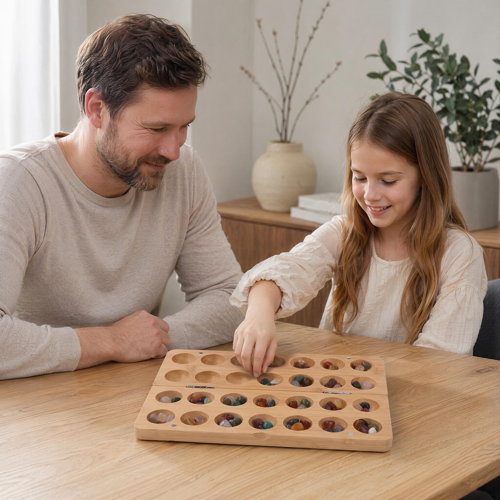 POPETPOP Mancala Steinchenspiel Holz mit Steinen, Kalaha Spiel | Faltbares Bambusbrett, 65 bunte , Logikspiel für 2 Spieler, ideal für Reisen, fördert strategisches Denken