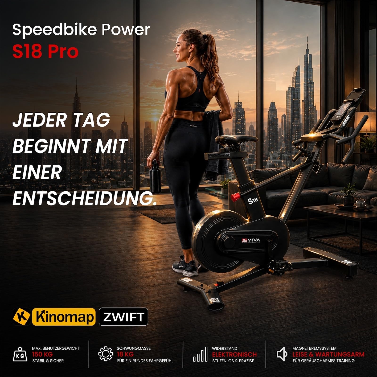 AsVIVA S18 Pro Speedbike – Indoor Cycle Heimtrainer mit 24 Gängen &18 kg Schwungmasse, leiser Riemenantrieb, Bluetooth Kinomap & Zwift, LCD Display