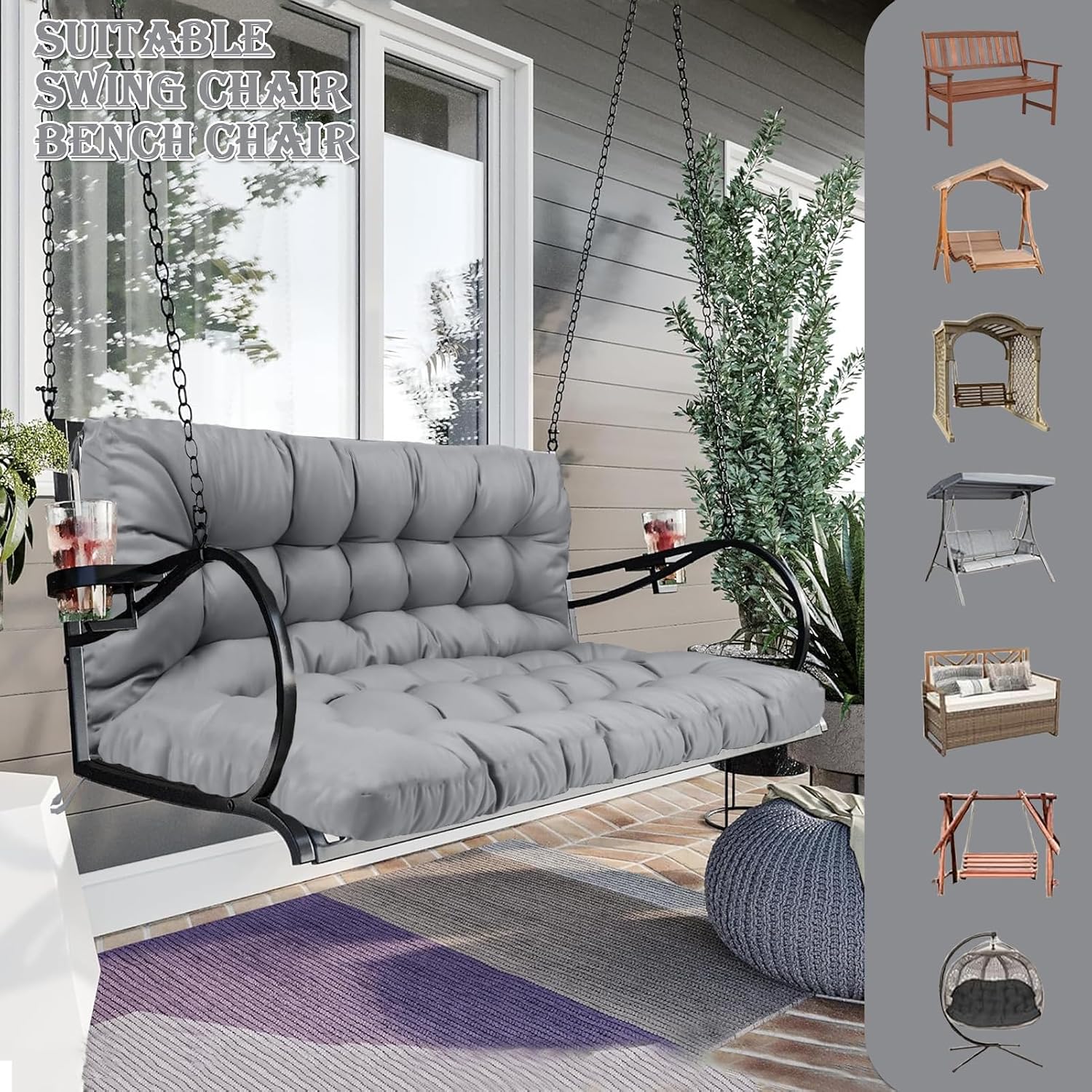Swing Replacement Cushions with Backrest, 2 Seater Porch Swing Cushions Waterproof Non-Slip Overstuffed Bench Pad Swing Cushion for Outdoor Furniture Backyard Patio(Light Grey,60X40IN)