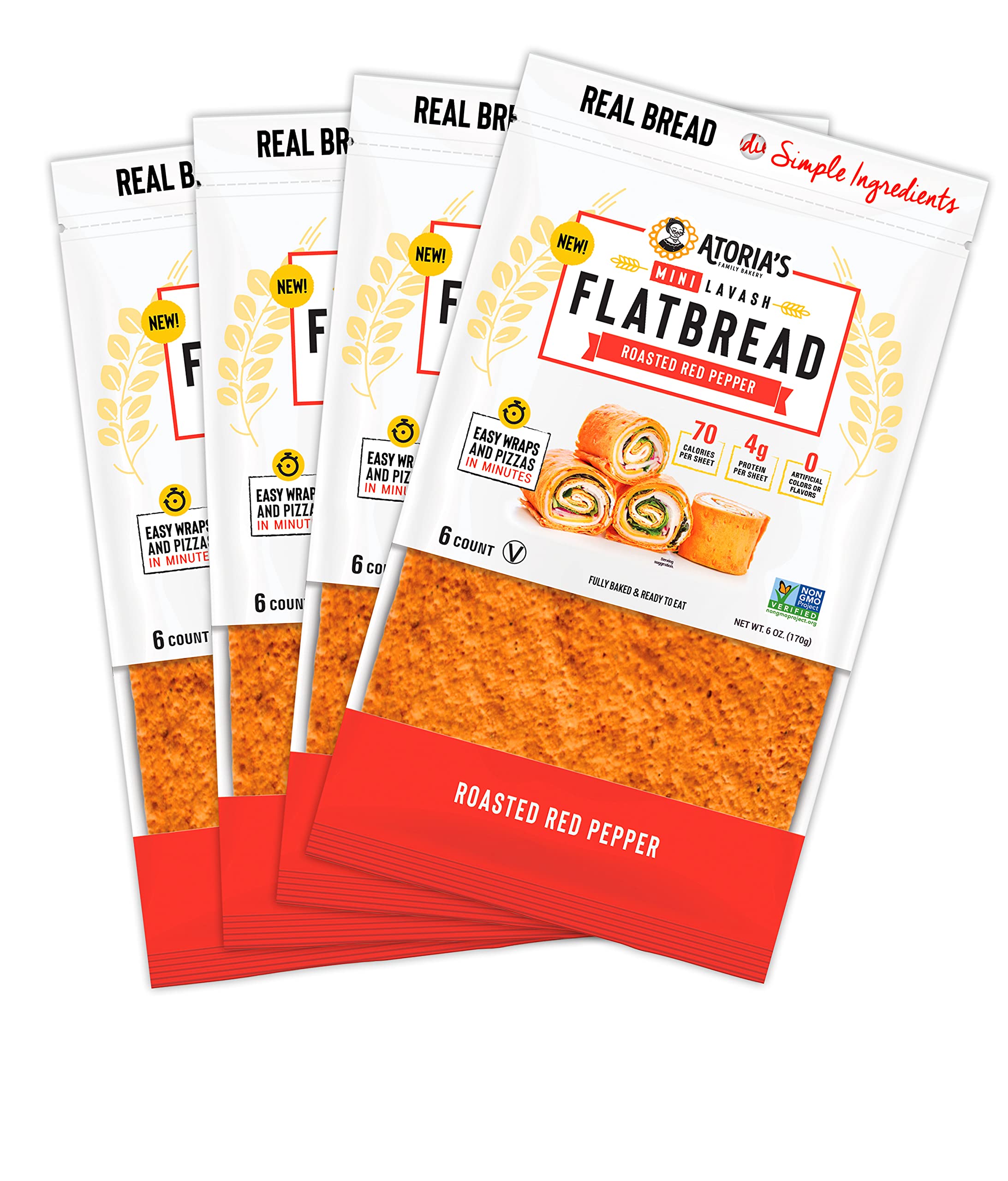 Atoriaâ€™s Roasted Red Pepper Mini Lavash Flatbread â”‚Perfect for sandwich bread, wraps or pizza crust â”‚70 calories, 4g protein (4 packs of 6 flatbreads, 24 pieces)