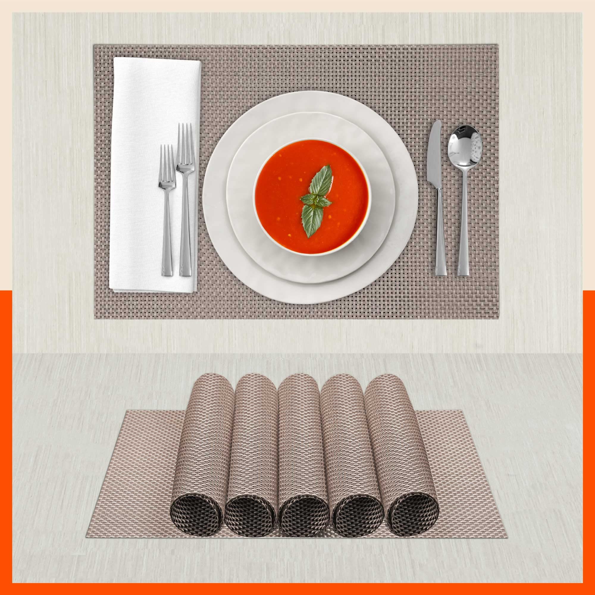 Bathla Matwoks - COBY Woven PVC Table mats/Placemats for Home Dining Table | Heat-Resistant, Reversible & Washable | (Set of 6-45cm x 30cm)