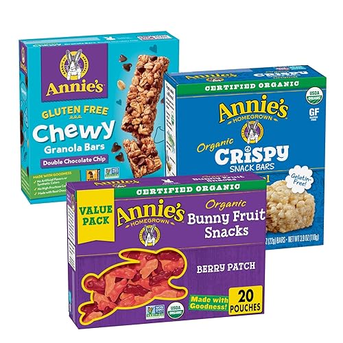 Annie's Organic Original Crujiente Snack Bars, sin gluten con Annie's Chewy Granola Bar Chewy Free Chocolate Chip y Annie's Organic Berry Patch
