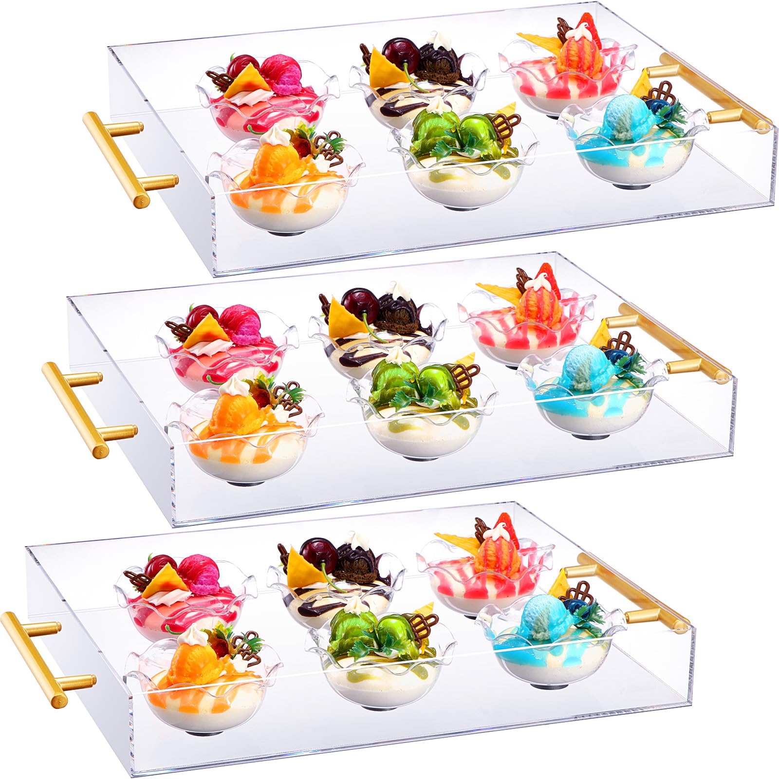 meekoo 3 Pcs Clear Serving Tray 11 x 14 Inch Acrylic Serving Tray with Gold Handles Clear Trays for Dessert Table Coffee Bar Tray Decorative Large Acrylic Tray for Dessert Coffee Bar Juice Kitchen
