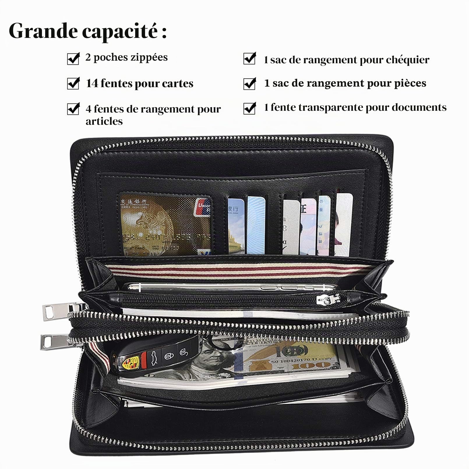 Pochette en cuir véritable pour homme - Long portefeuille pour cartes de visite, Double fermeture éclair noire - 01, One Size, Décontracté, classique