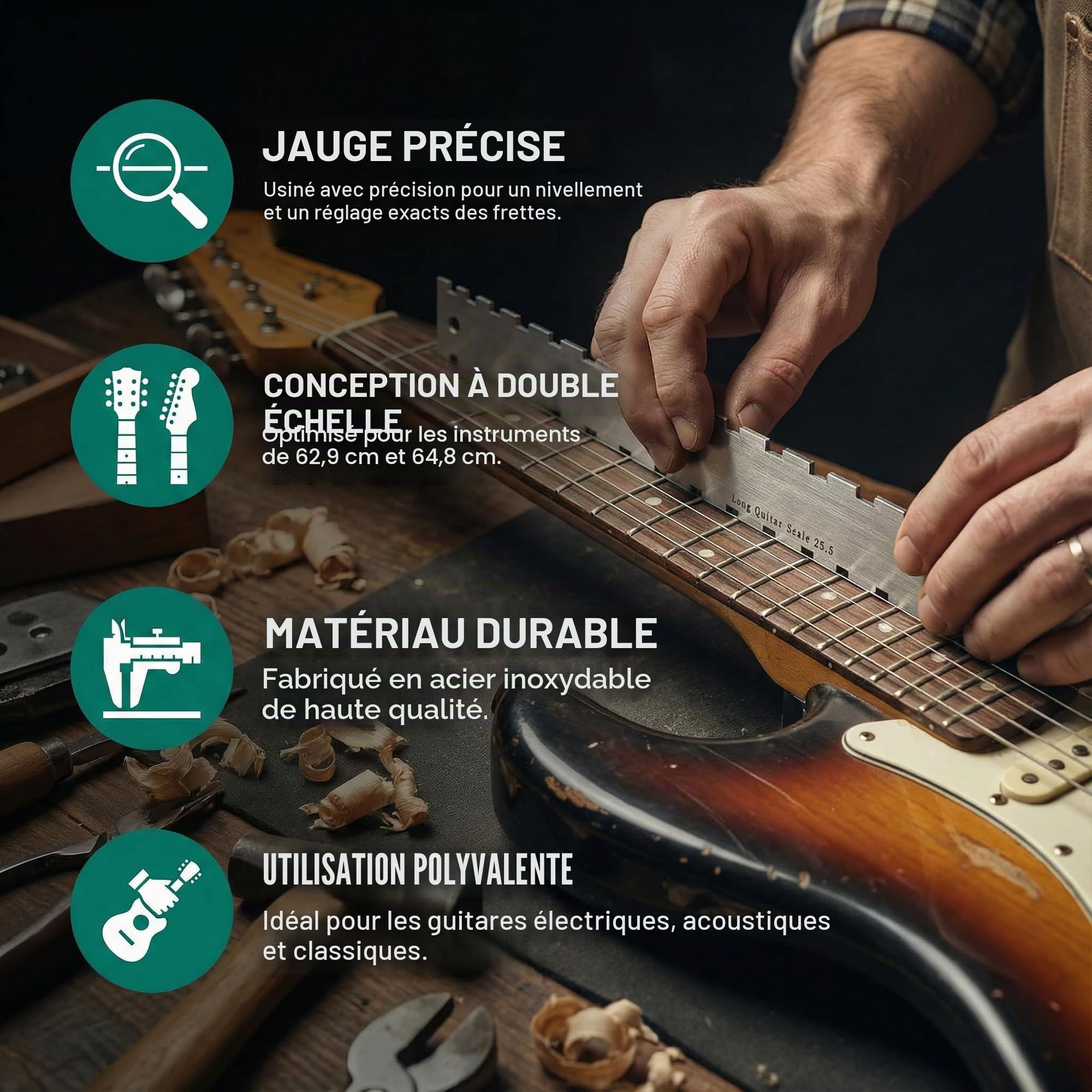 Manche de guitare de 42 cm, Règle Crantée en Acier Inoxydable pour Nivellement du Manche de Guitare