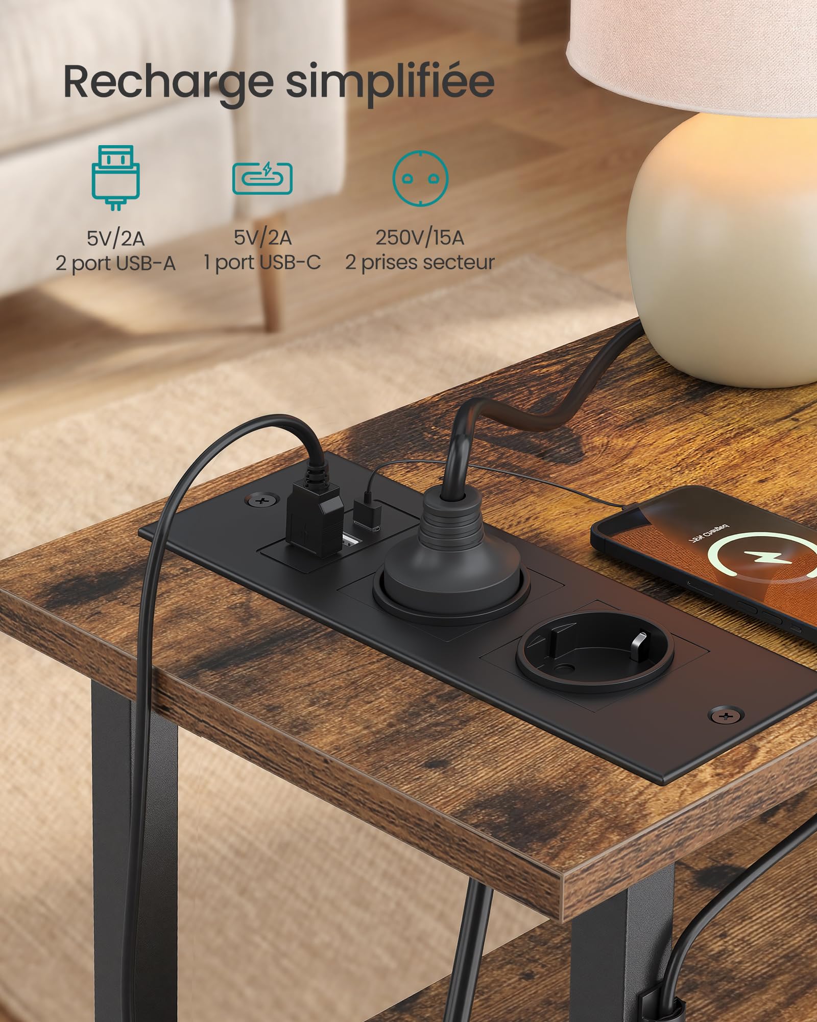 SONGMICS BELLAH Collection - Table d’Appoint, Table de Chevet avec Multiprise Intégrée, Éclairage LED, 2 Tiroirs, Bout de Canapé, Salon, Chambre, Lot de 2, Marron Rustique LGS012K102