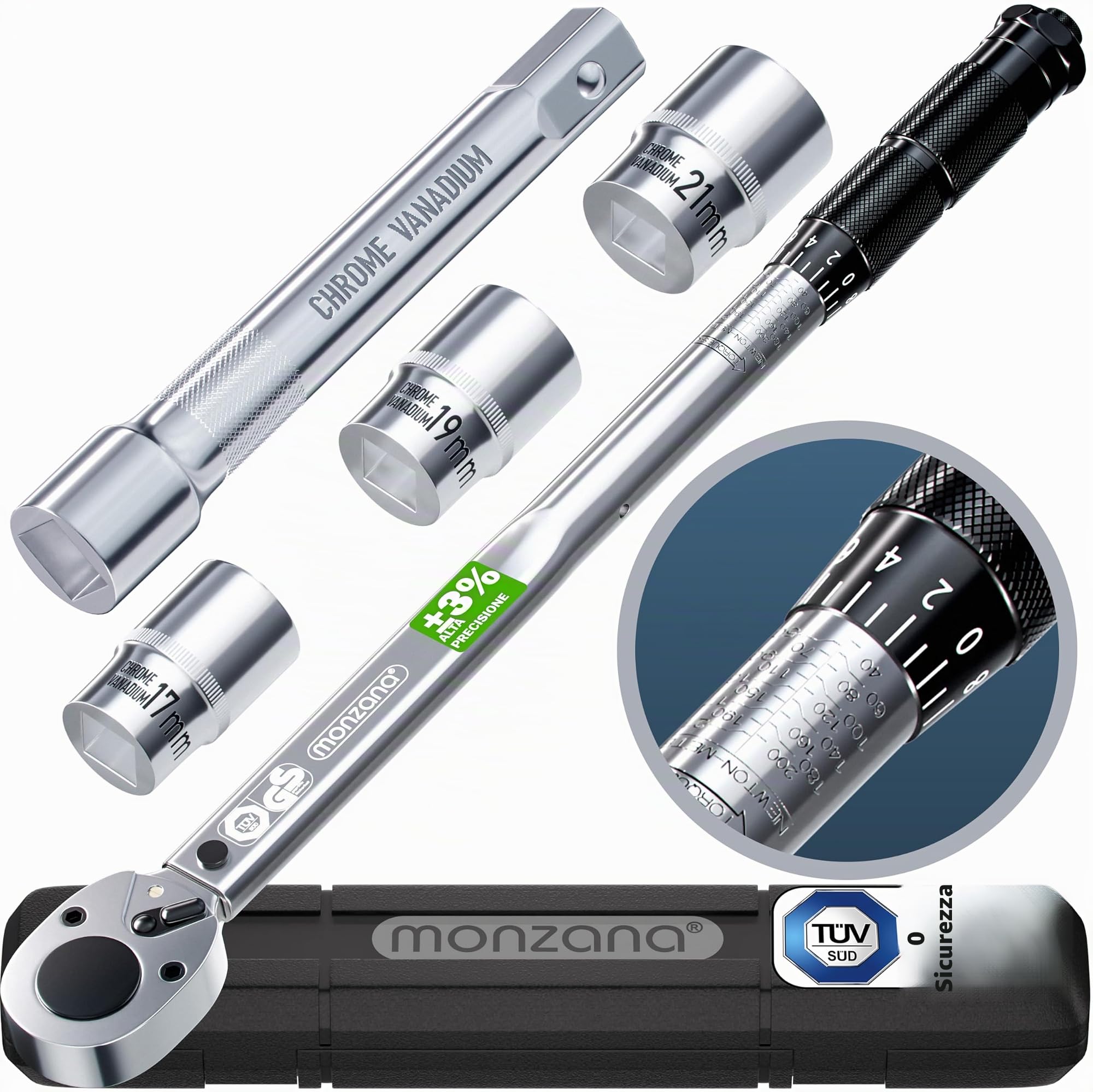 Monzana® Set di Chiavi Dinamometriche 6 pz. 40-210Nm 1/2 ' CV Incl. 3 Bussole Prolunga Valigetta Chiave Officina