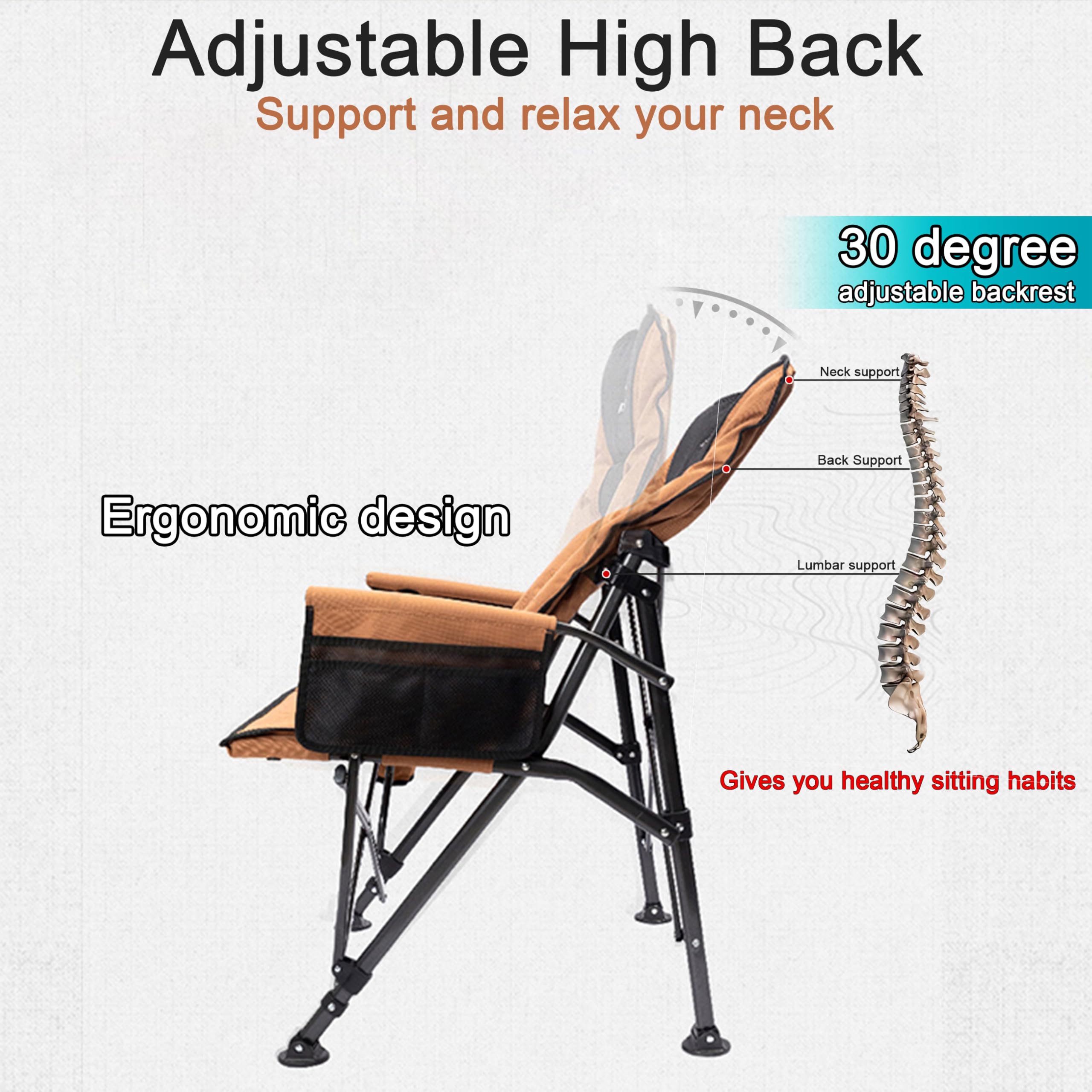 LAWFAW Camping Chairs,Adjustable Backrest Chair,Oversized Lawn Chair Supports 350lbs,Out Door Folding Chairs with Side Pockets and Cup Holder,Ideal for Beach,Fishing,Camping,Patio Relaxation