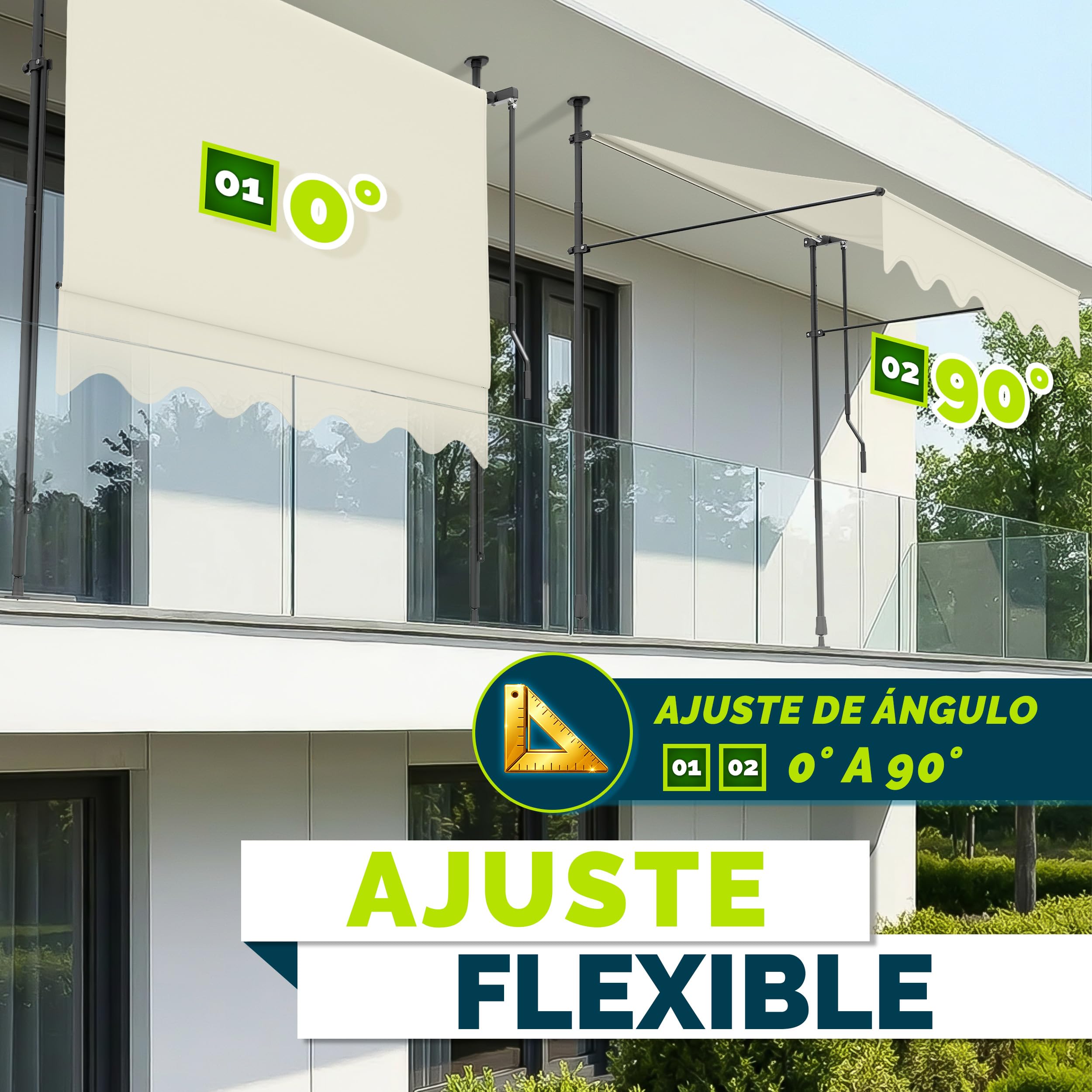 tillvex Toldo Manual portátil de balcón Patio | Toldo Ajustable con manivela para balcón | Parasol Resistente a UVA y Regulable en Altura | Protección Solar estanca a Agua (200cm, Arena)