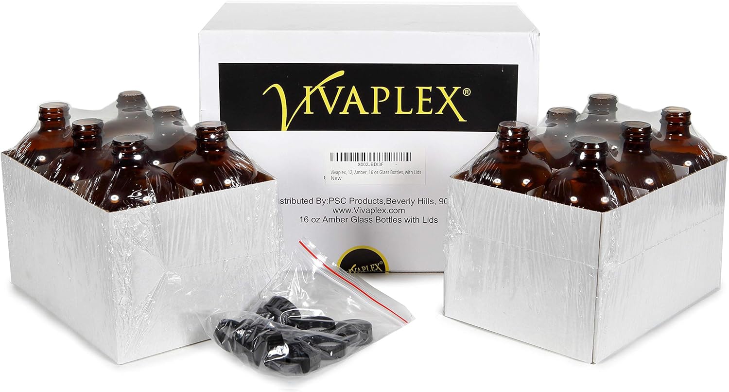 Vivaplex, 12, Amber, 16 oz Glass Bottles, with Lids - Image 3