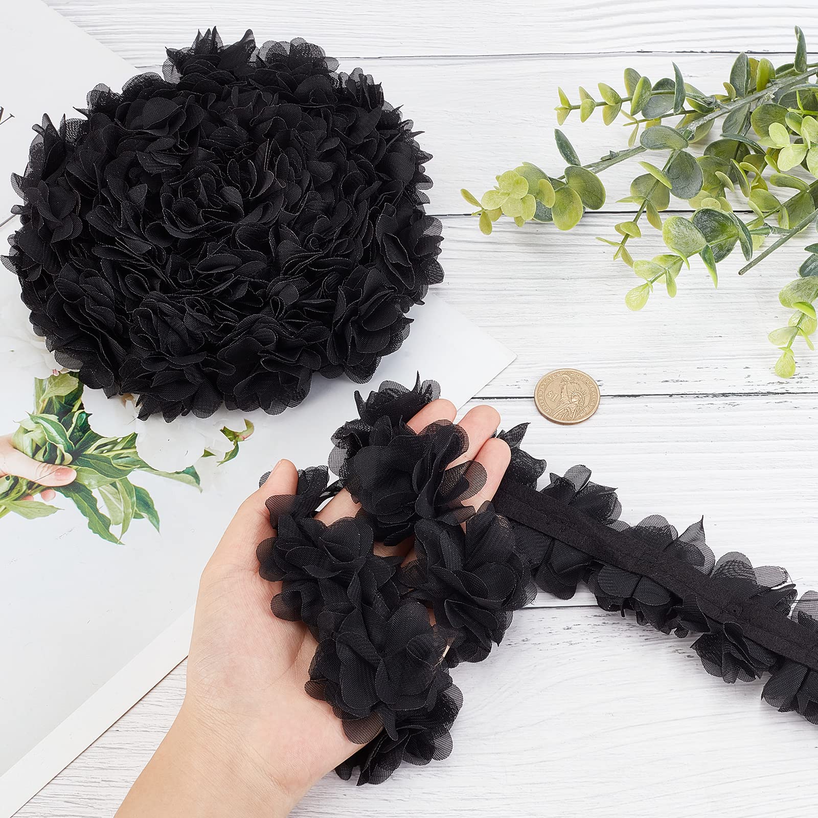 GORGECRAFT 10.9 Yards 2 Strati Raso Organza Nastro di Pizzo Pieghettato Bordo In Pizzo 1-5/8 Pollici Nero Volant Bordi In Chiffon Passamaneria Tulle Tessuto per Stoffa Applique Abbellimento