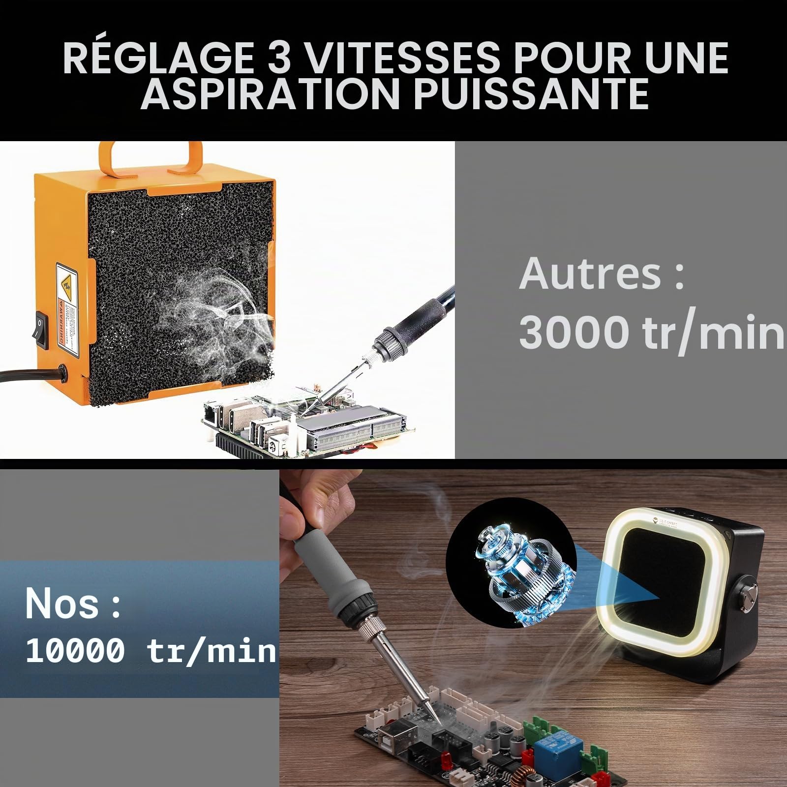 SainSmart Mini extracteur de vapeur de soudure, absorbeur de fumée CSE01 avec contrôle à 3 vitesses 10 000 tr/min et filtre à charbon actif, rechargeable de type C, purificateur de fumée portable de