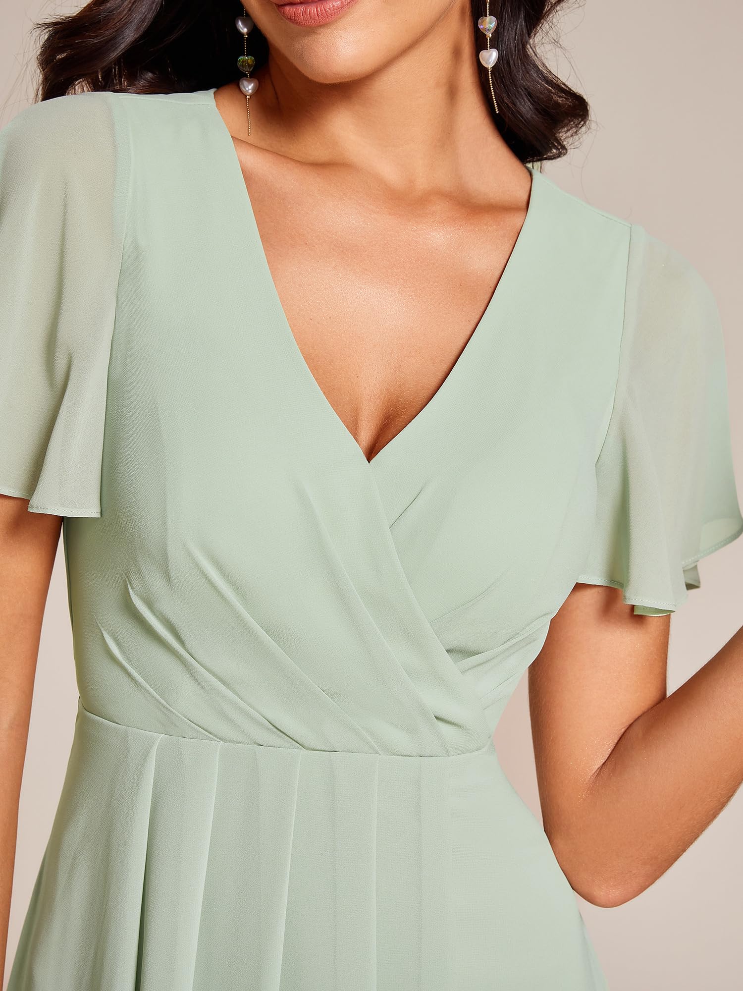 Ever-Pretty Damen Sommer Chiffon Plissee V-Ausschnitt Kurz Hochzeit Gäste Kleid mit Rüschen Ärmel 01923