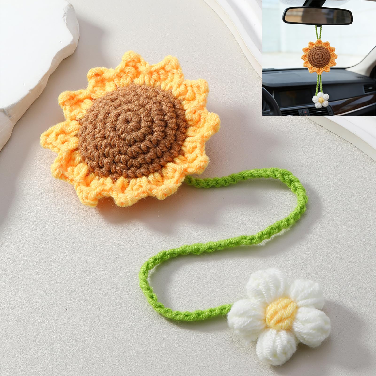 YUISI Crochet Flower for car Dashboard Decoration Items, Car Hanging Crochet Flower, Sunflower Decoration for Car, Car Mirror Hanging Accessories