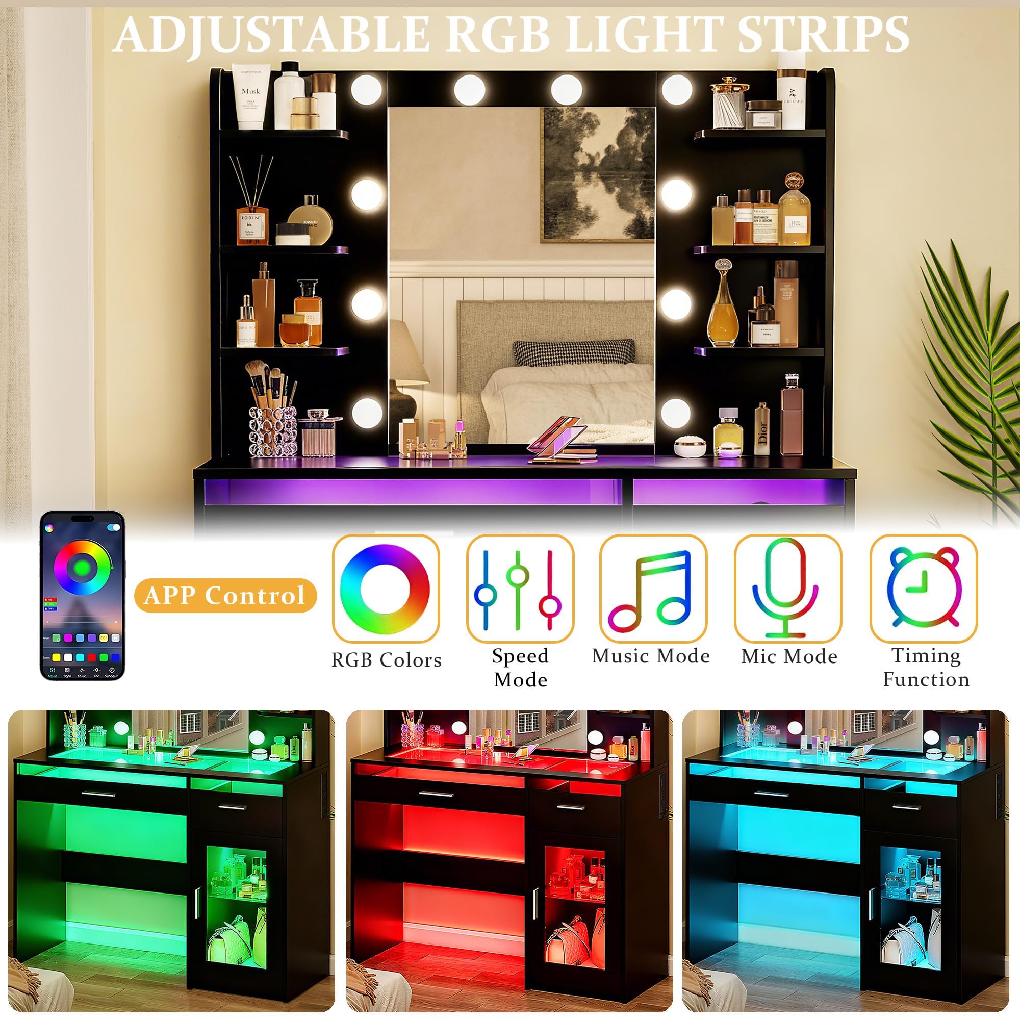 HUAHUU Vanity Desk with Mirror and Lights, Makeup Vanity Desk with Lights 3 Colors, Transparent Top Vanity with 2 RGB Drawers, 6 Shelves, Large Tempered Cabinet, Power Outlet, for Bedroom, White: Black