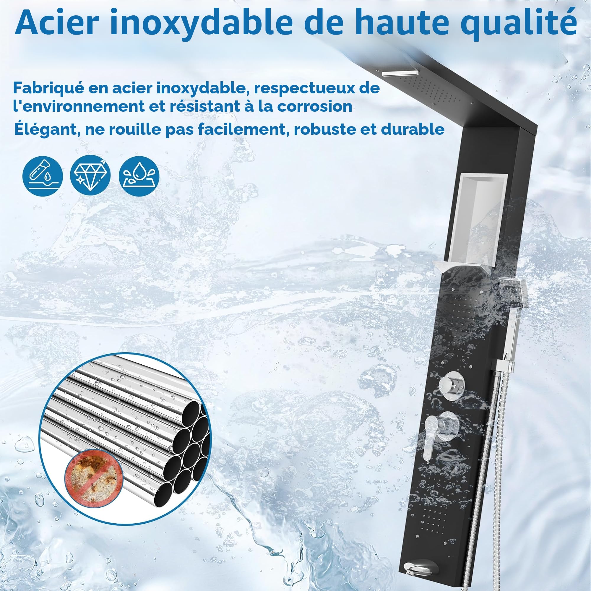 YUENFONG Panneau de douche 5 en 1 en acier inoxydable avec douche à effet pluie, cascade, massage du dos, douchette, montage mural facile, noir