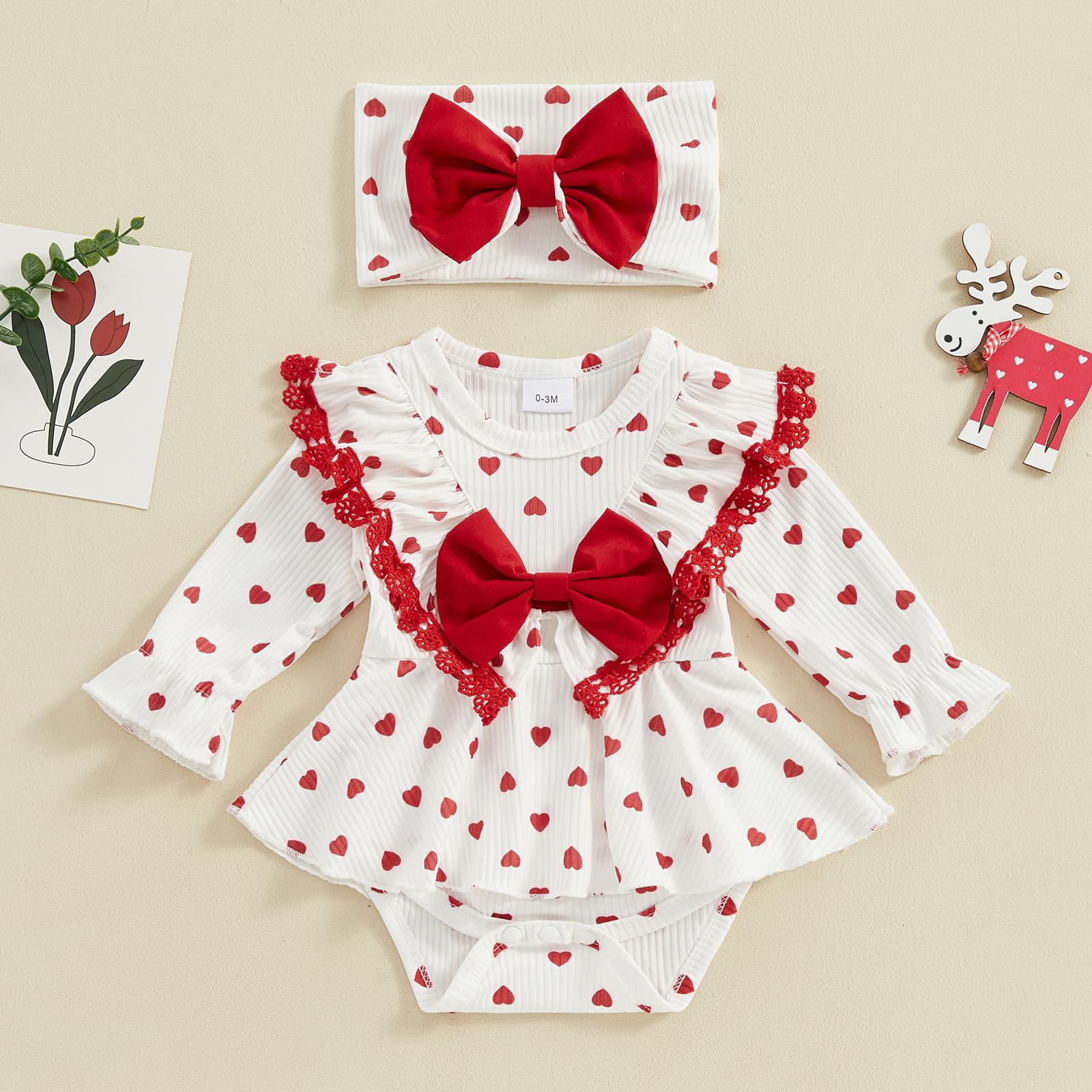 VISGOGO Baby Girl Valentines Day Outfits Long Sleeve Heart Print Bow Romper Headband Set Infant Clothes (Ivory, 0-3 Months)