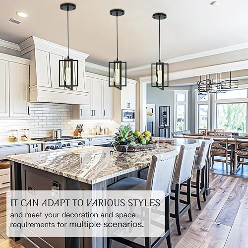 Miniatura 2 de Paquete de 3 luces colgantes negras para isla de cocina, lámpara colgante industrial con pantallas de metal duraderas, iluminación de isla de cocina