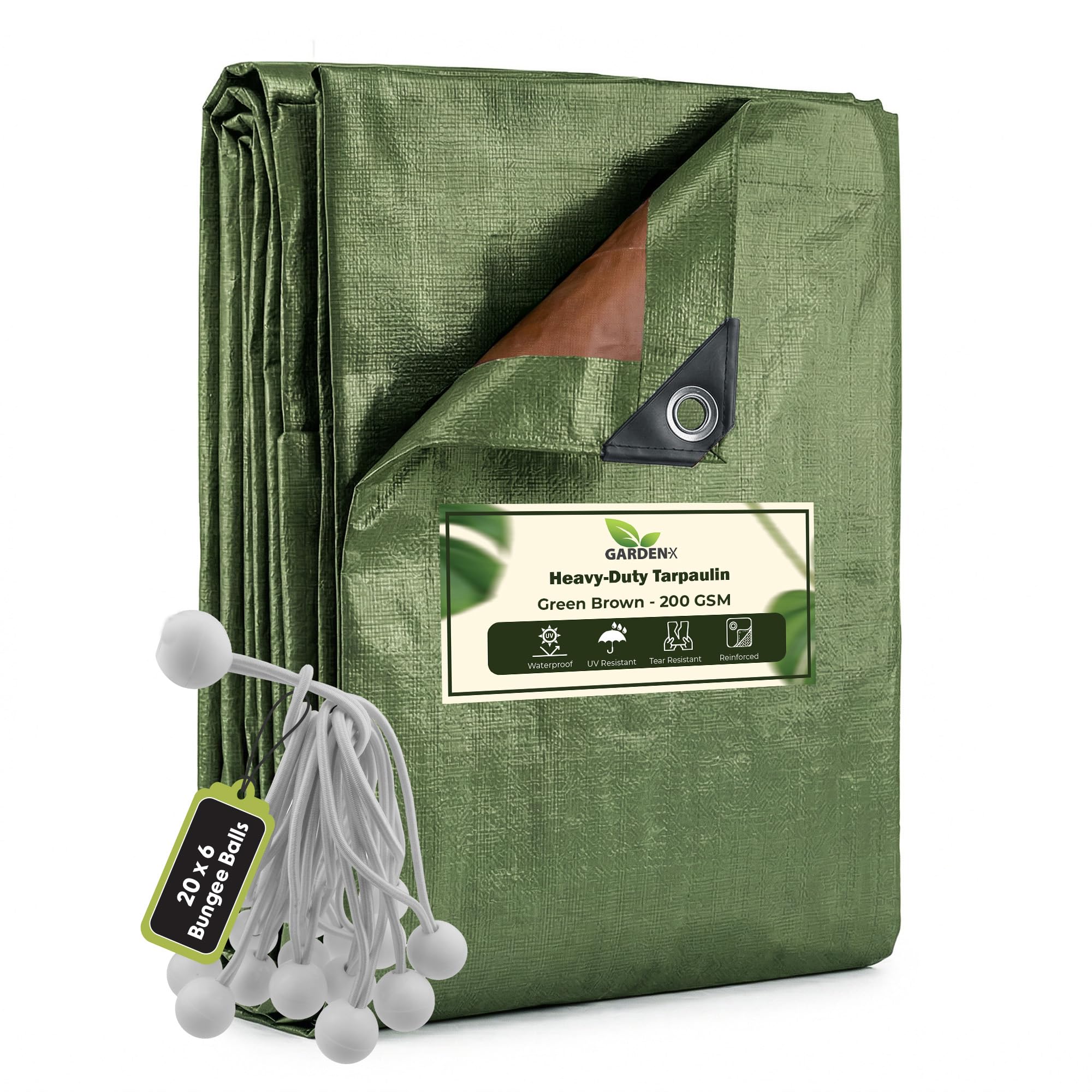 GARDENIX 1m x 1m Green Brown Heavy Duty 200gsm -eyelets every 50 cmTarpaulin Waterproof Tarp Sheet Cover, Groundsheet, Multipurpose, Reinforced + 20 x 6" Bungee Balls (White)