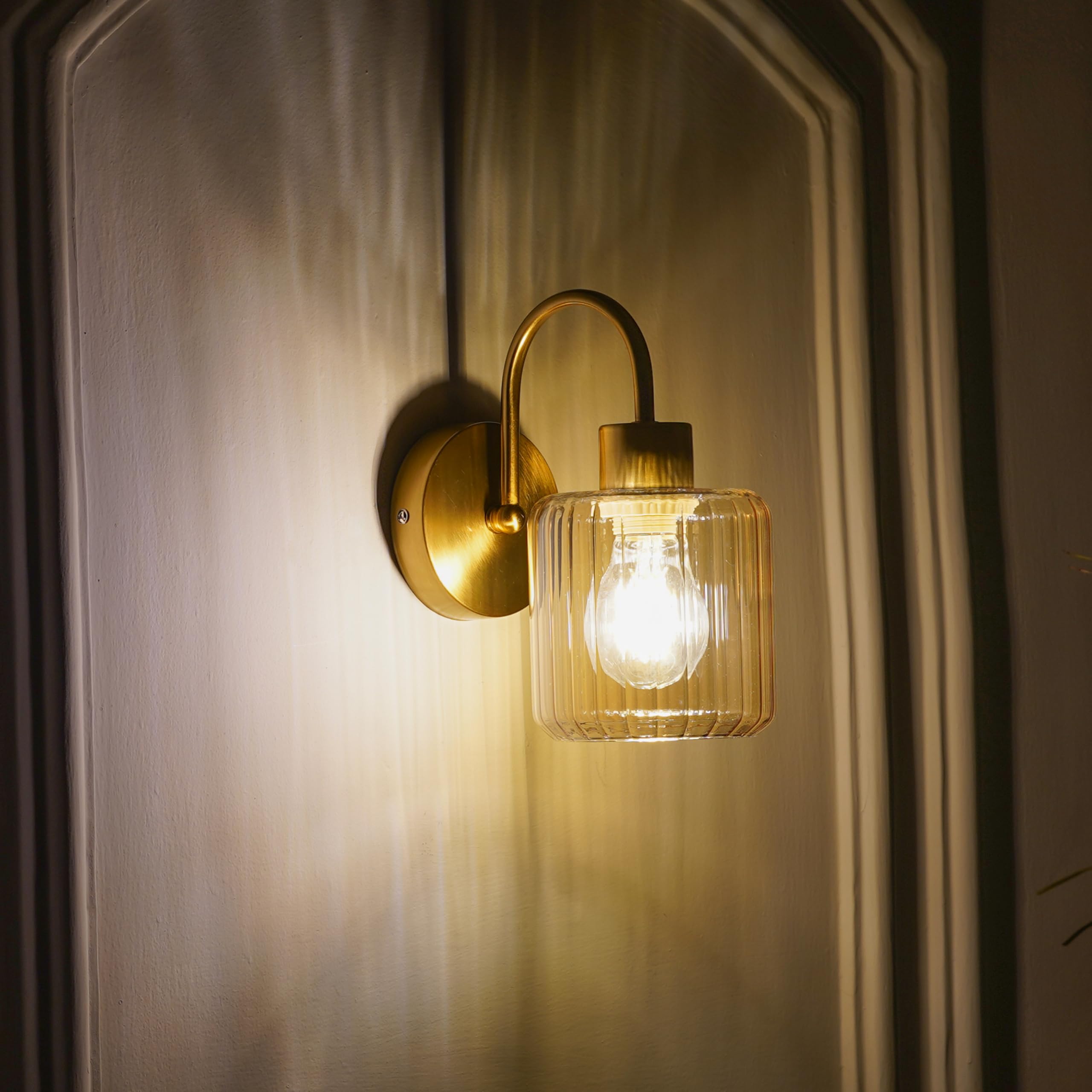 KAPOOR LAMP SHADES Hendrik Single Light Wall Fitting in Brass Finish Metal with Amber Glass-image-34