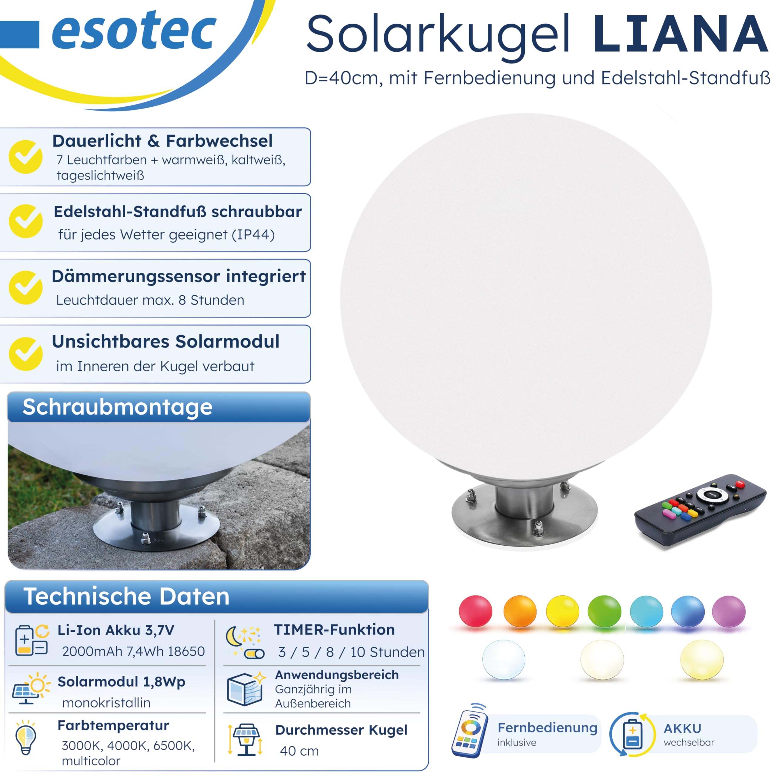 Esotec Solar Leuchtkugel Liana 40 CCT, Multicolor, Fernbedienung, Edelstahl Standfuß, Li-Ion Akku, RGB LED Gartenkugel, Solarkugel, IP44, wetterfest, Winterfest, außen, D=40cm, 102664