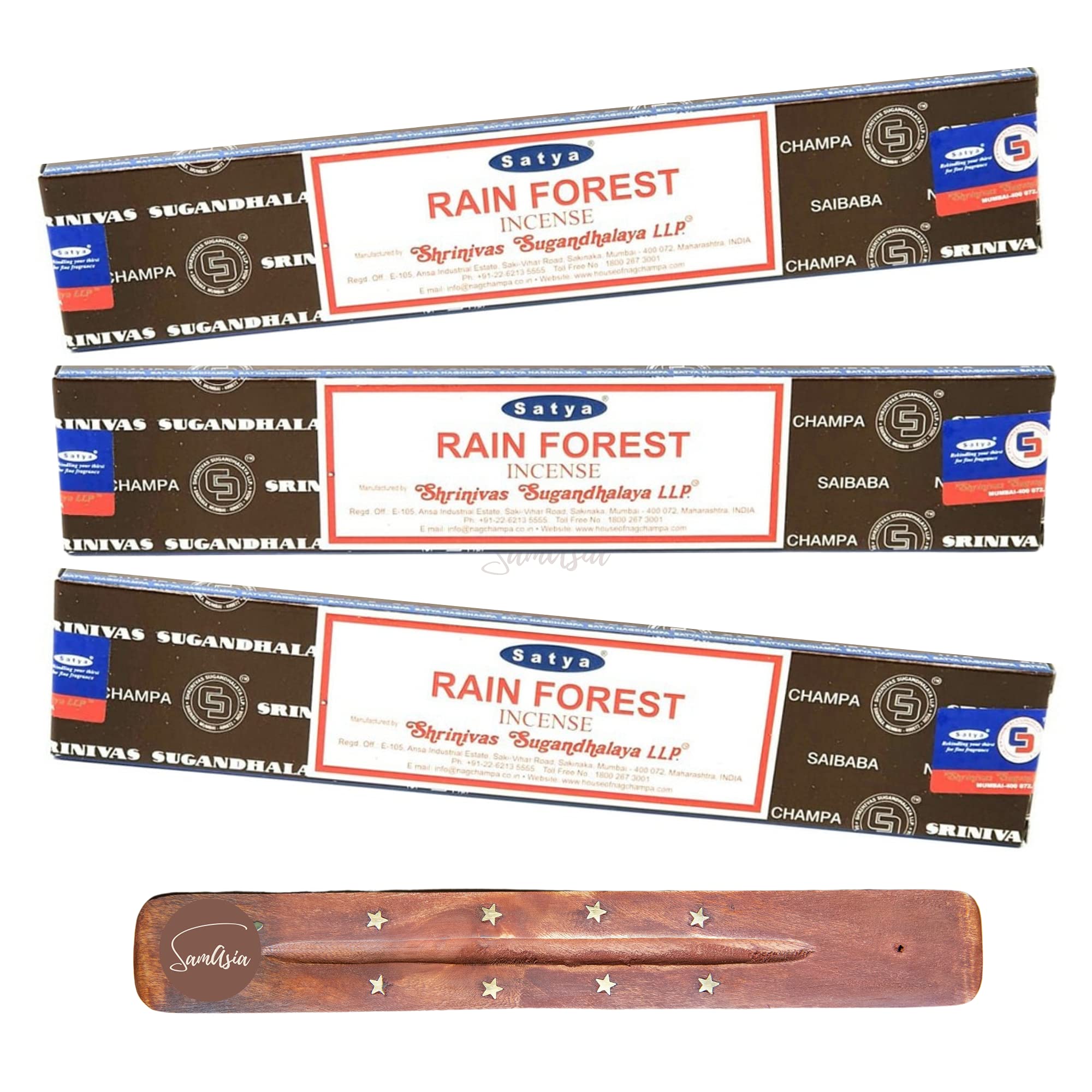 Satya Nag Champa Rain Forest Incense Sticks | x3 pack | with SAMASIA incense sticks holder | Used for Aromatherapy, Spa, Yoga, Weddings, Meditation, Healing, Positivity and Relaxation