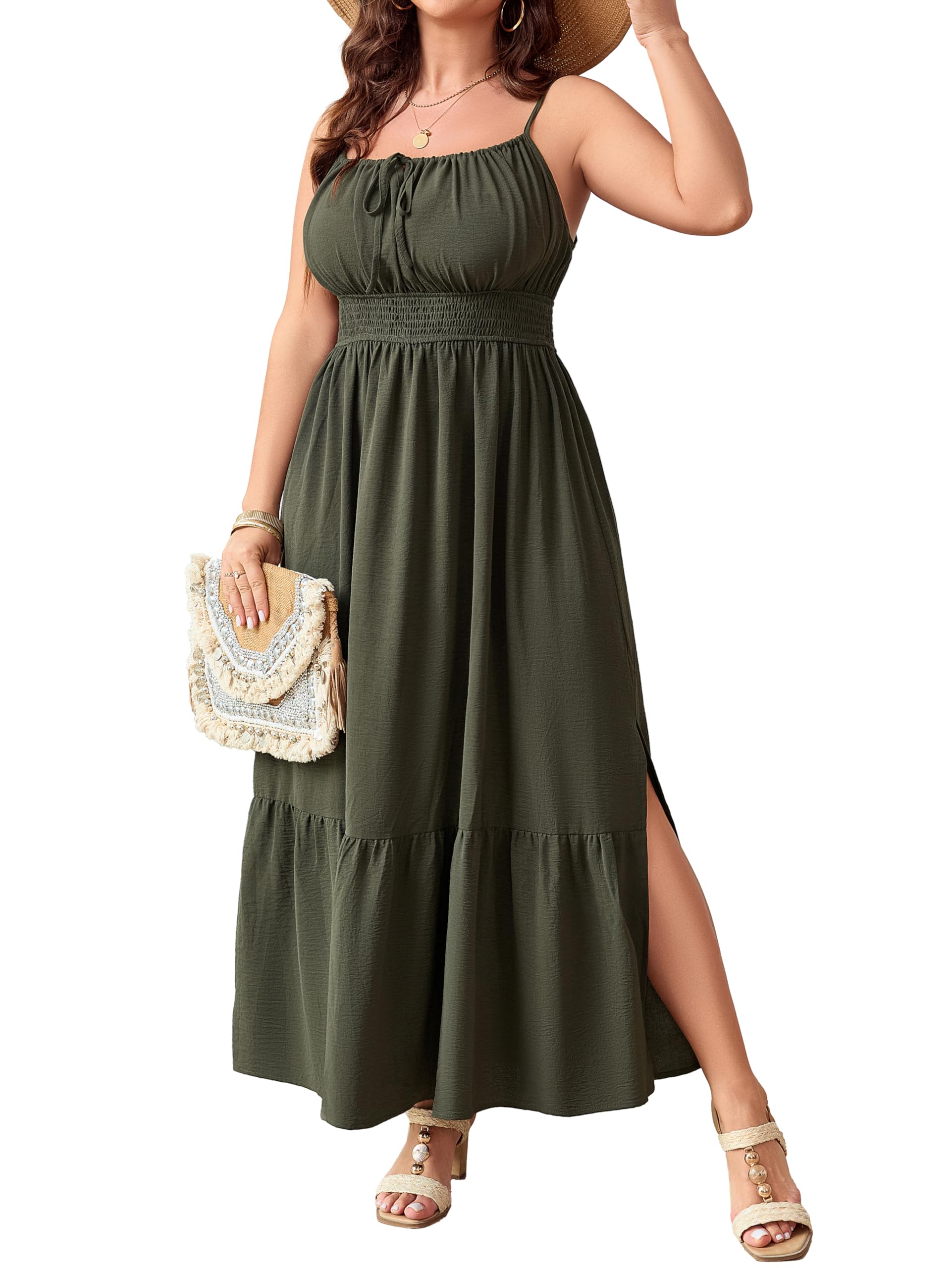 SCOMCHIC Plus Size Summer Boho Dresses Spaghetti Strap Sleeveless Casual Sundress Smocked Flowy Slit Beach Maxi Dress