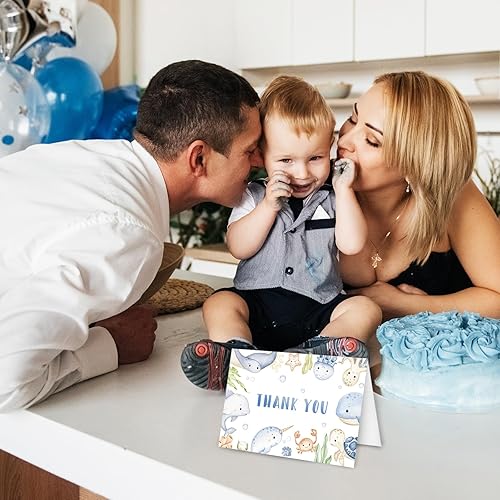 Miniatura 7 de Whaline 24 tarjetas de agradecimiento con temática de animales marinos, acuarela, con calcomanías de sobre, tarjetas de notas en blanco de dibujos