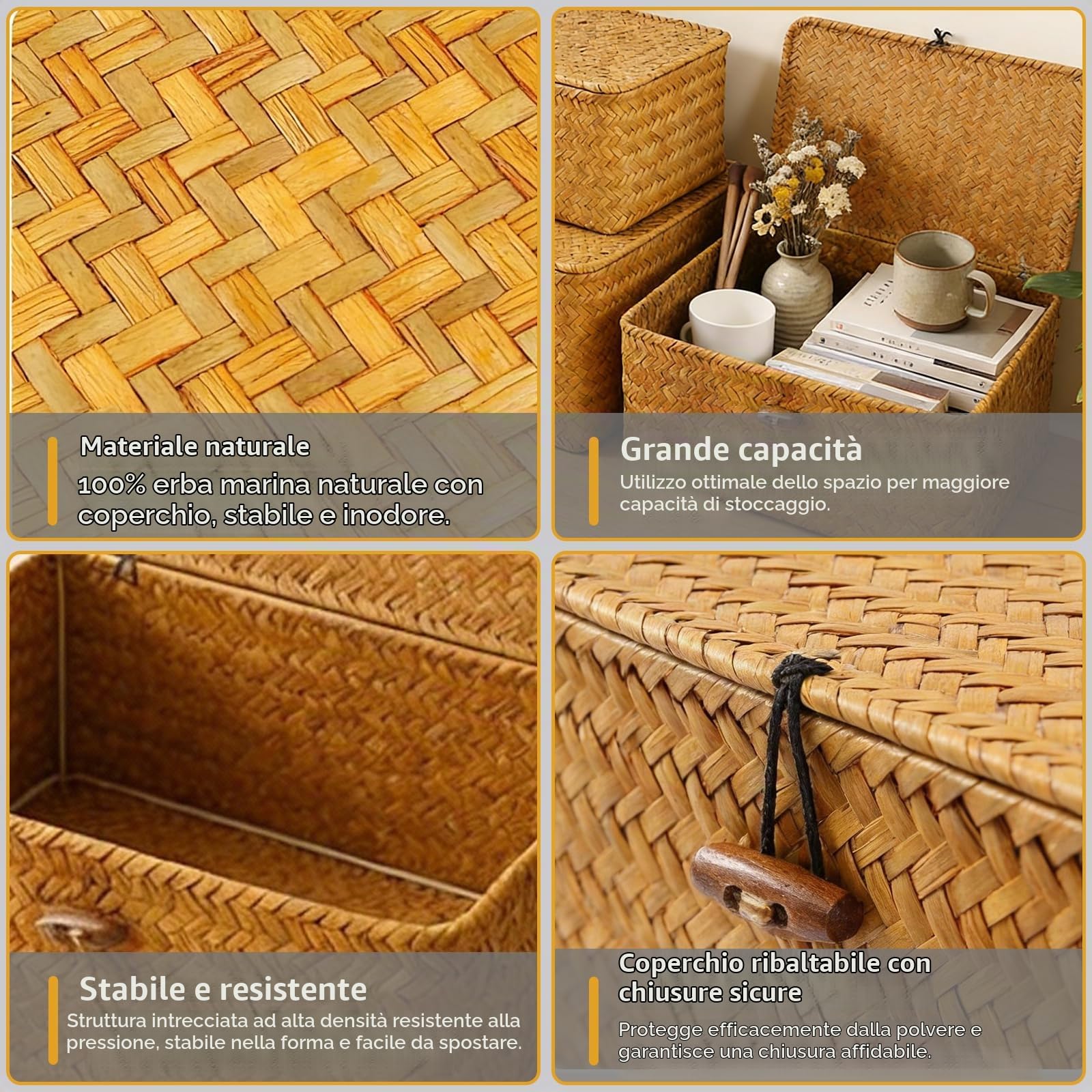 Set di 3 cesti di conservazione Lid, in erba marina naturale, con coperchio, in tessuto a mano, decorazione boho, soluzione regalo pronta per camera da letto, soggiorno e ufficio (A)