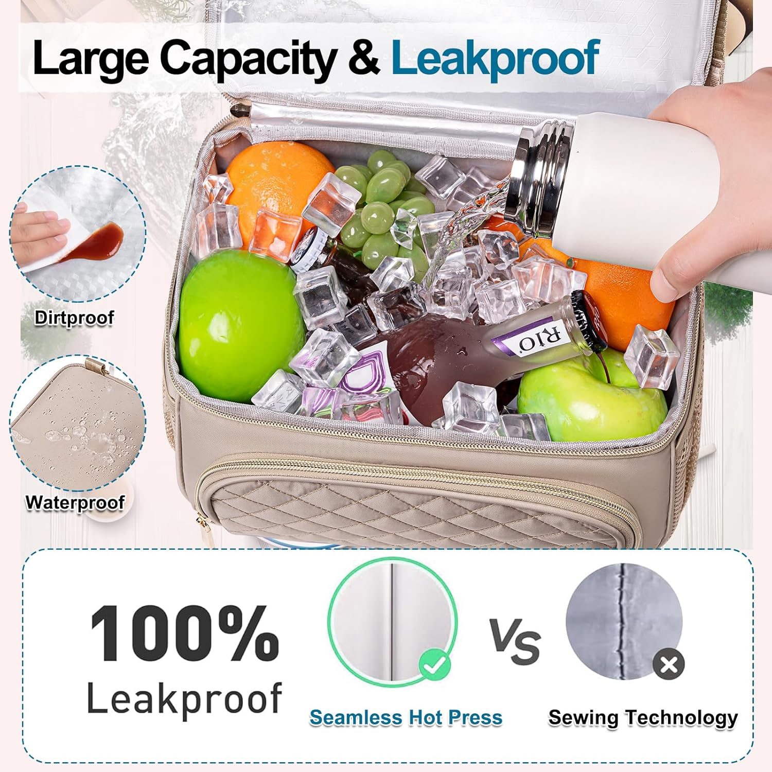 Lunch Bags for Women,Dual Compartment Lunch Box Lunch Bag for Work,Leakproof Lunch Cooler Large Insulated Lunchbox for Adult for Women Men, Lunchbag for Picnic Beach (Khaki) - Image 5