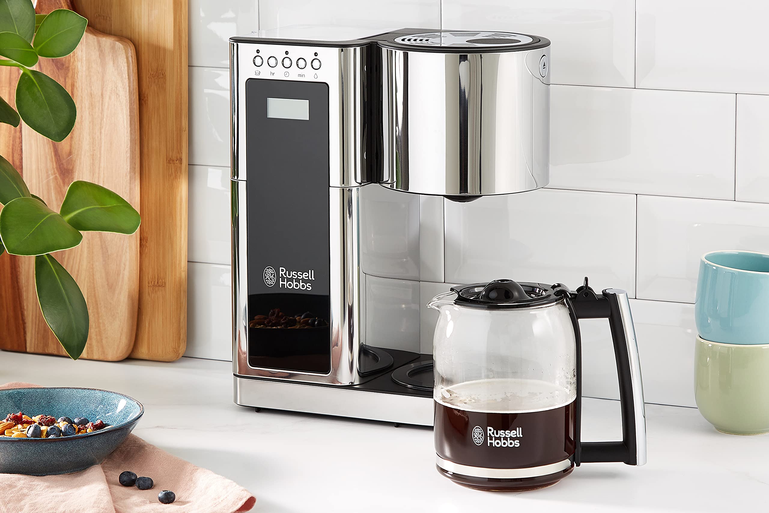 Russell Hobbs ekspres do kawy, sprawniejsze parzenie kawy, programowalny timer, funkcja przerwania parzenia, automatyczne czyszczenie, moc 1600W, srebrny, Elegance 23370-56