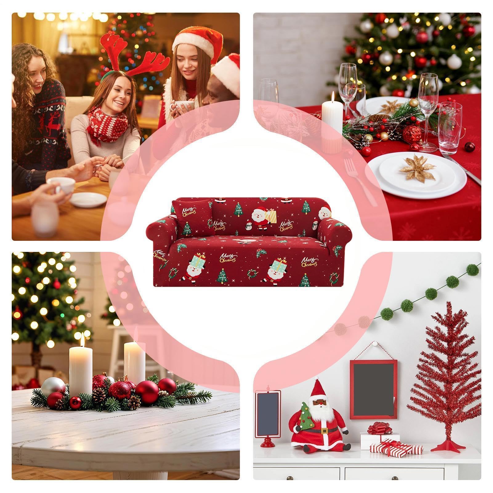 Santa Couch Cover, Christmas Elastic Slipcover With Non Slip Fit, Holiday