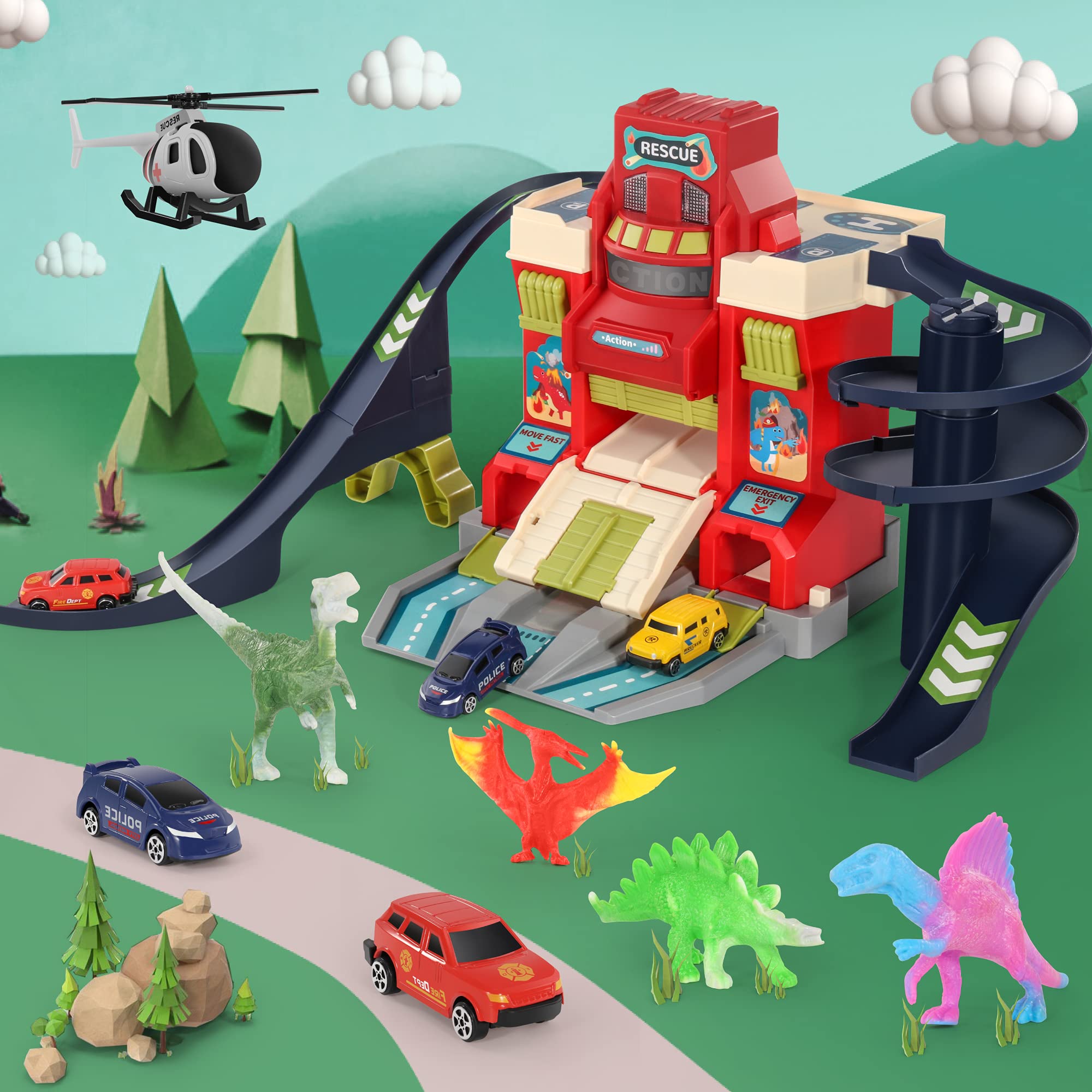 MIEBELY Race Track Dinosaur Rescue Building Car Adventure Toy with