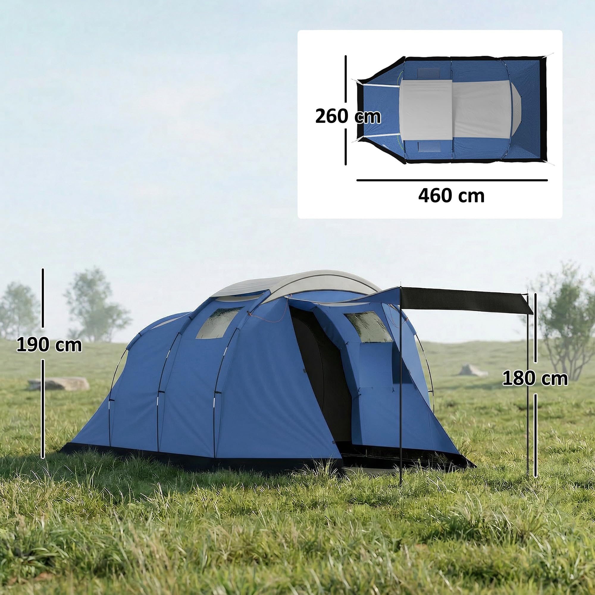 Outsunny Tente de Camping Tunnel pour 4 Personnes Imperméable 3000mm - Séjour Spacieux Double Couche Hauteur 190cm - Abri de Jardin pour Bivouac Randonnée avec Auvent, Bleu Foncé