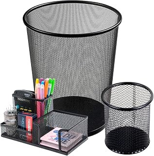 Porta Caneta E Lixeira de Metal Aramado Organizadores de Escritório Mesa Com Divisórias Para Clip Lápis Bloco de Notas Tesoura Borracha (Preto)