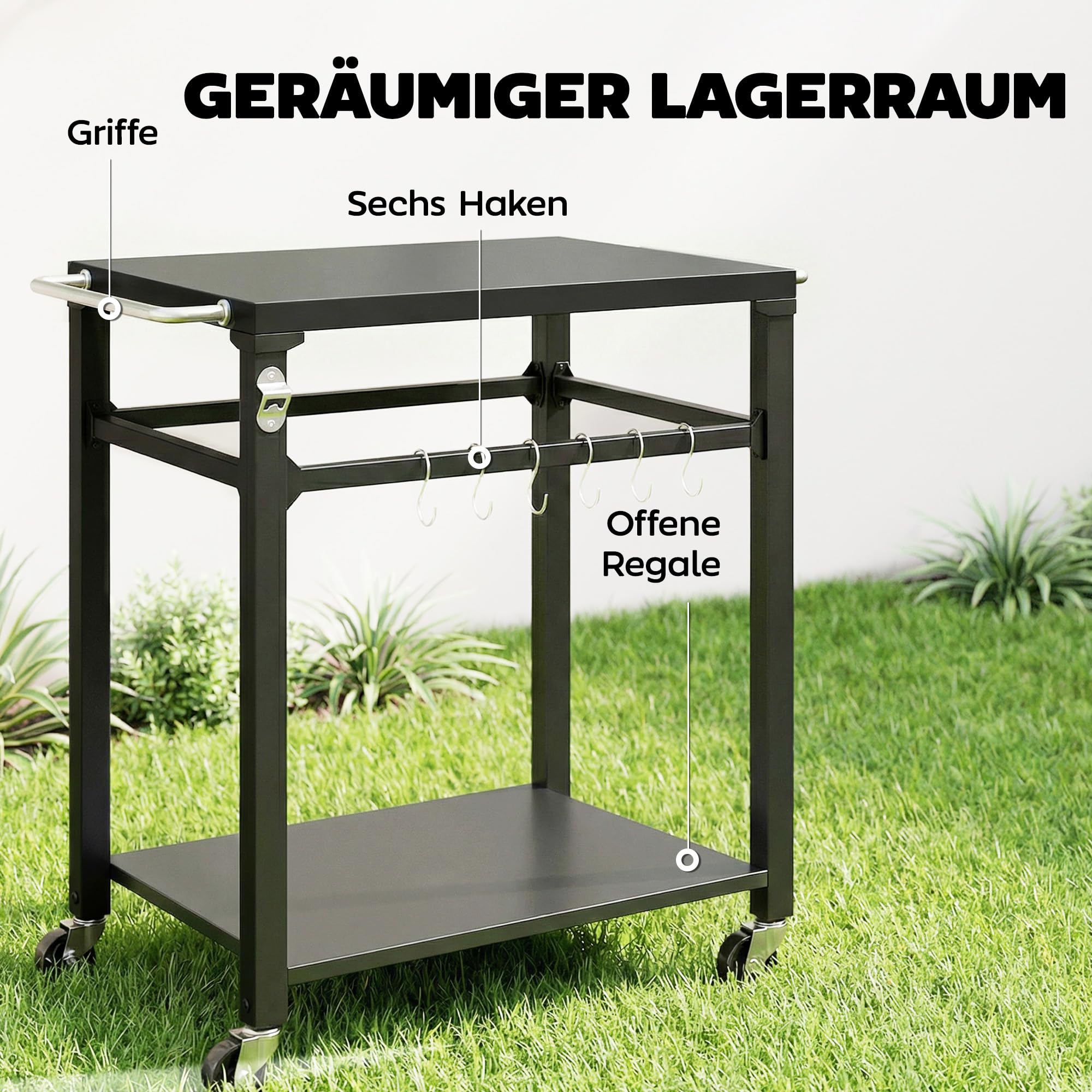 Outsunny Wózek grillowy 2-poziomowy stół grillowy z metalową powierzchnią, haczykami, uchwytami, kółkami mobilny wózek serwisowy outdoorowy stolik pomocniczy 90,5 x 55 x 88 cm Czarny