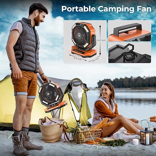 Miniatura 7 de Ventilador portátil recargable de 40000 mAh con linterna LED, ventilador de campamento a pilas, ventilador de escritorio oscilante automático con