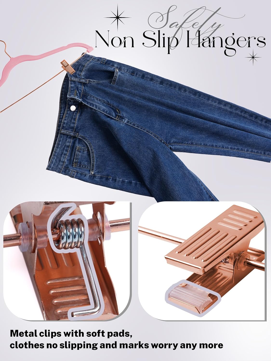 HOUSE DAY Velvet Skirt Hangers 24 Pack, Non Slip Pants Hangers with Rose Gold Clips, Ultra Thin Velvet Hanger Space Saving, Heavy-Duty Clothes Hanger for Trouser, Jeans, Dresses, Coats (Pink)