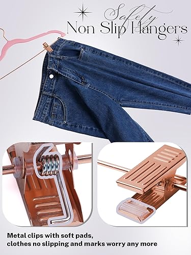 Miniatura 7 de HOUSE DAY Paquete de 24 perchas de terciopelo antideslizantes para pantalones con clips de oro rosa, perchas de terciopelo ultra finas que ahorran