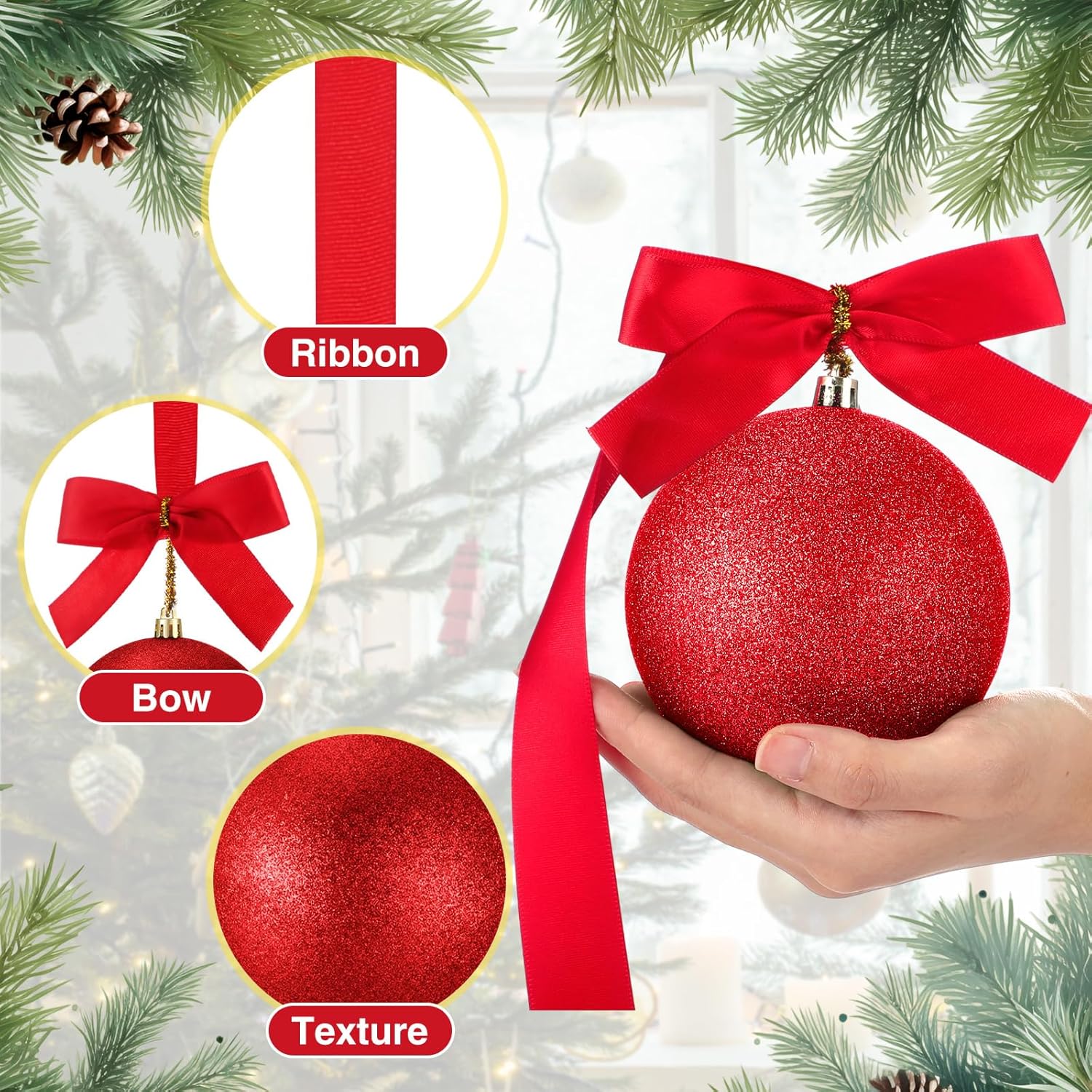 12 Pcs Red Christmas Balls Ornaments for Ceiling 4" Large Big Shatterproof Christmas Hanging Decor Balls with Ribbon Bow for Tree Xmas Holiday Party Indoor Window Door Living Room Decor