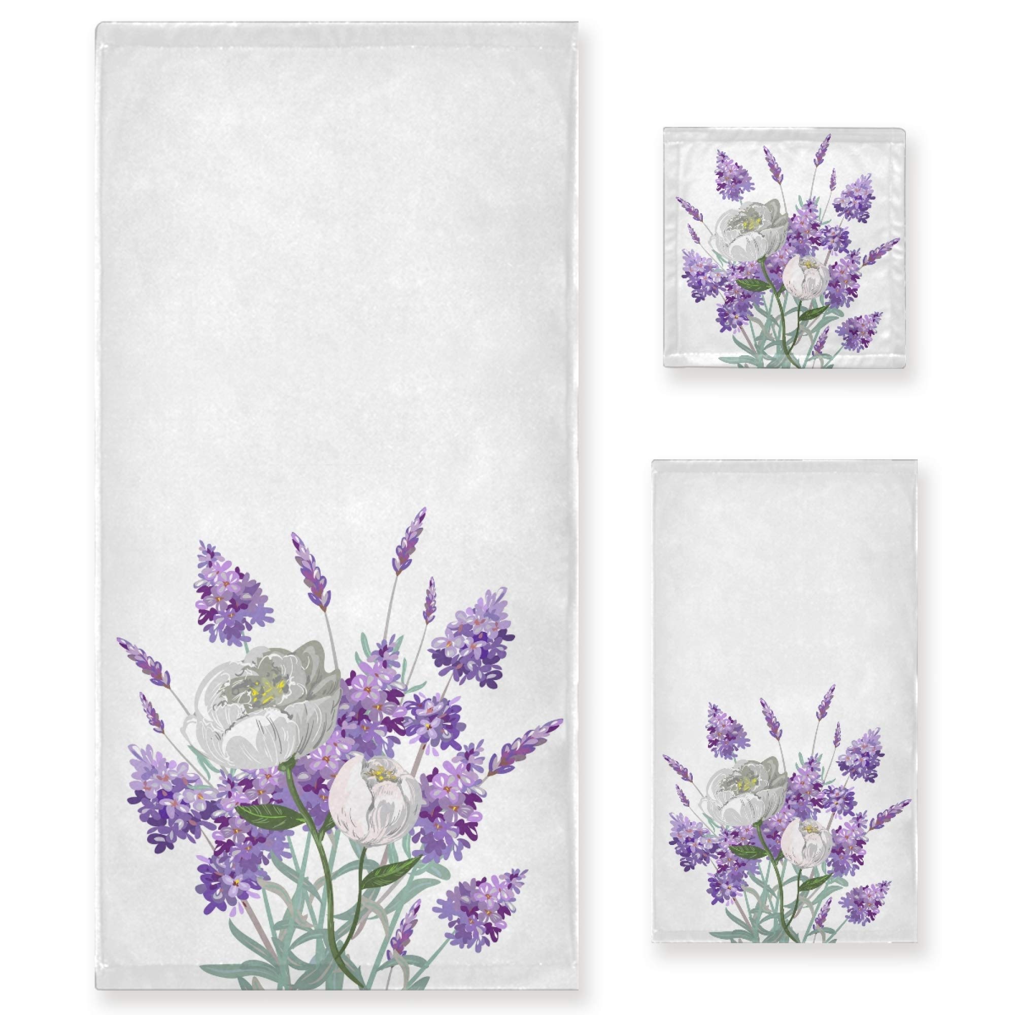 Naanle 3-Piece Towel Set,Purple Lavender White Peony Flower Nature Floral Bath Towel Sets, 1 Bath Towel, 1 Hand Towel, 1 Washcloth, Absorbent Soft Towels Quick Drying for Bathroom